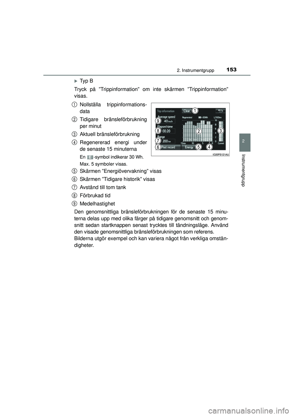 TOYOTA PRIUS 2015  Bruksanvisningar (in Swedish) 1532. Instrumentgrupp
2
Instrumentgrupp
OM47A31SE
�XTy p  B
Tryck på ”Trippinformation” om  inte skärmen ”Trippinformation”
visas.
Nollställa trippinformations-
data
Tidigare bränsleförbr