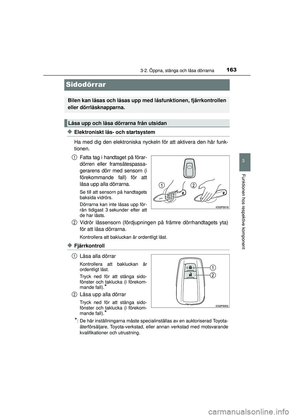 TOYOTA PRIUS 2015 Bruksanvisningar (in Swedish) 163
3
3-2. Öppna, stänga och låsa dörrarna
Funktionen hos respektive komponent
OM47A31SE
Sidodörrar
◆Elektroniskt lås- och startsystem
Ha med dig den elektroniska nyckeln för att aktivera den TOYOTA PRIUS 2015 Bruksanvisningar (in Swedish) 163
3
3-2. Öppna, stänga och låsa dörrarna
Funktionen hos respektive komponent
OM47A31SE
Sidodörrar
◆Elektroniskt lås- och startsystem
Ha med dig den elektroniska nyckeln för att aktivera den