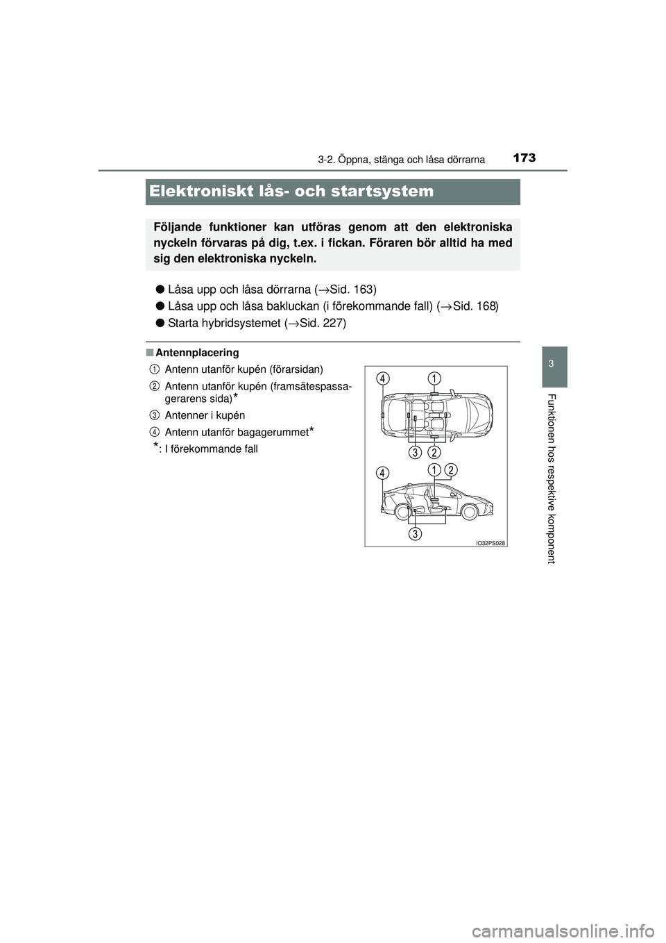 TOYOTA PRIUS 2015 Bruksanvisningar (in Swedish) 173
3
3-2. Öppna, stänga och låsa dörrarna
Funktionen hos respektive komponent
OM47A31SE
Elektroniskt lås- och startsystem
●Låsa upp och låsa dörrarna ( →Sid. 163)
● Låsa upp och låsa TOYOTA PRIUS 2015 Bruksanvisningar (in Swedish) 173
3
3-2. Öppna, stänga och låsa dörrarna
Funktionen hos respektive komponent
OM47A31SE
Elektroniskt lås- och startsystem
●Låsa upp och låsa dörrarna ( →Sid. 163)
● Låsa upp och låsa