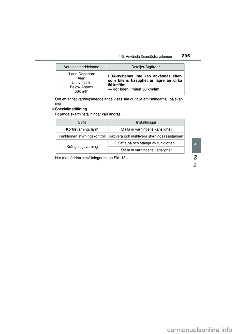 TOYOTA PRIUS 2015 Bruksanvisningar (in Swedish) 2954-5. Använda förarstödssystemen
4
Körning
OM47A31SEOm ett annat varningsmeddelande visas ska du följa anvisningarna i på skär-
men.
■ Specialinställning
Följande skärminställningar kan TOYOTA PRIUS 2015 Bruksanvisningar (in Swedish) 2954-5. Använda förarstödssystemen
4
Körning
OM47A31SEOm ett annat varningsmeddelande visas ska du följa anvisningarna i på skär-
men.
■ Specialinställning
Följande skärminställningar kan