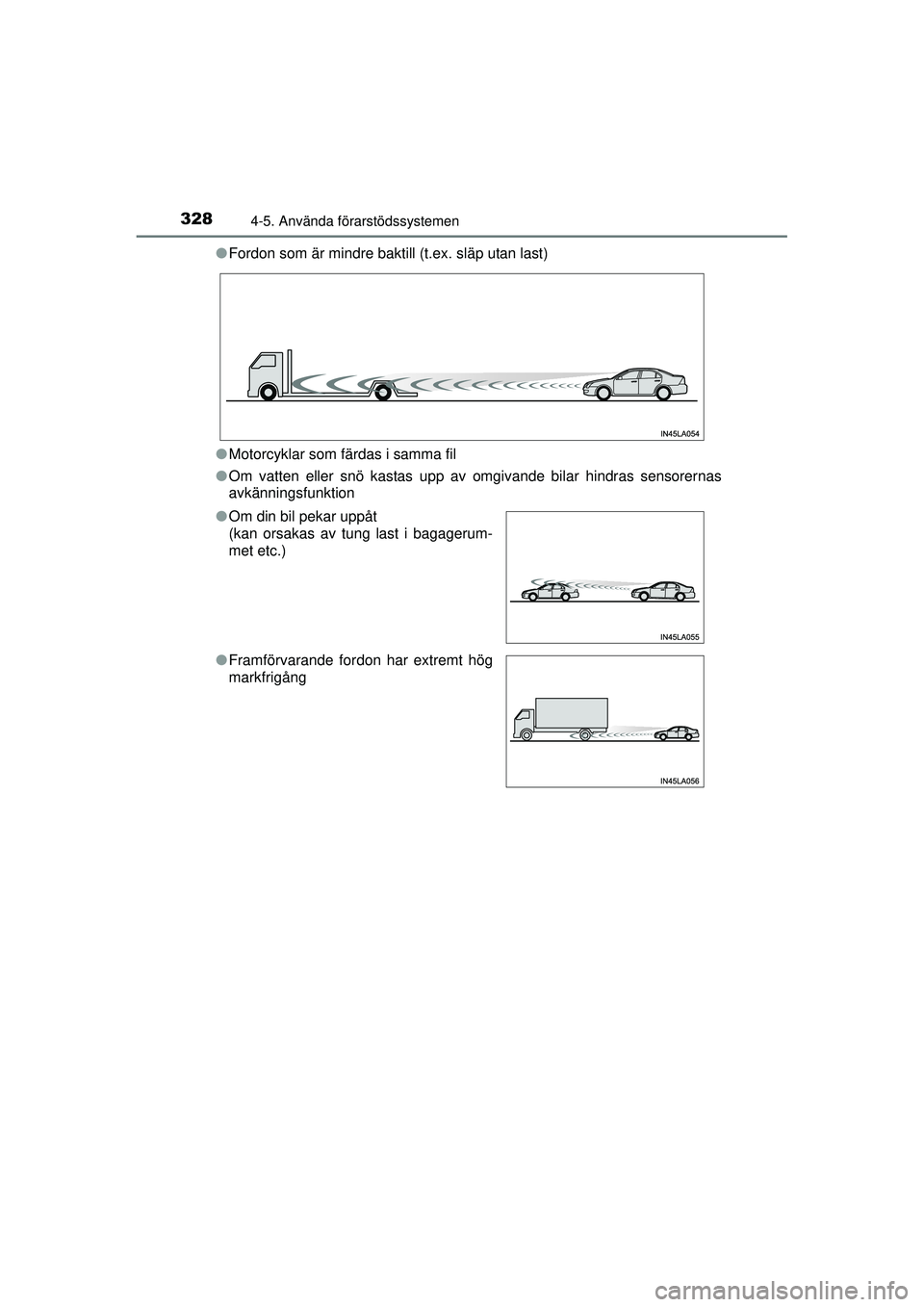 TOYOTA PRIUS 2015 Bruksanvisningar (in Swedish) 3284-5. Använda förarstödssystemen
OM47A31SE●
Fordon som är mindre baktill (t.ex. släp utan last)
● Motorcyklar som färdas i samma fil
● Om vatten eller snö kastas upp av omgivande bilar TOYOTA PRIUS 2015 Bruksanvisningar (in Swedish) 3284-5. Använda förarstödssystemen
OM47A31SE●
Fordon som är mindre baktill (t.ex. släp utan last)
● Motorcyklar som färdas i samma fil
● Om vatten eller snö kastas upp av omgivande bilar