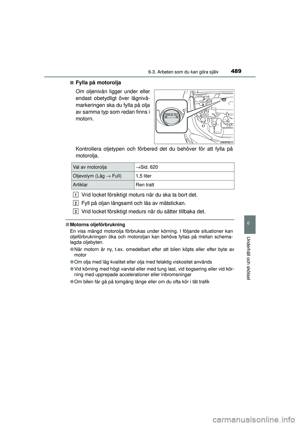 TOYOTA PRIUS 2015  Bruksanvisningar (in Swedish) 4896-3. Arbeten som du kan göra själv
OM47A31SE
6
Underhåll och skötsel
■Fylla på motorolja
Om oljenivån ligger under eller
endast obetydligt över lågnivå-
markeringen ska du fylla på olja