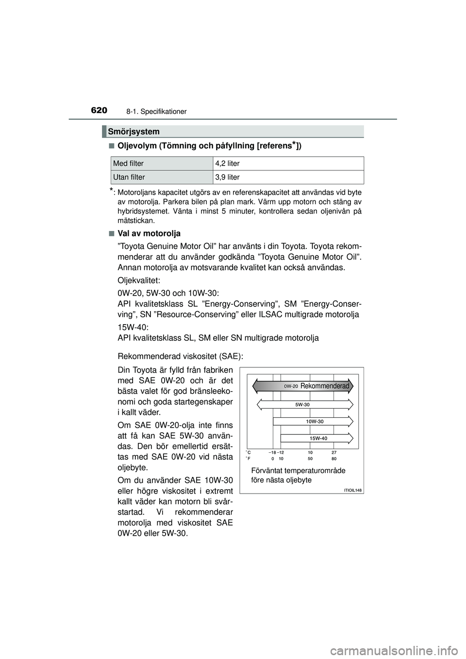 TOYOTA PRIUS 2015  Bruksanvisningar (in Swedish) 6208-1. Specifikationer
OM47A31SE■
Oljevolym (Tömning och påfyllning [referens*])
*: Motoroljans kapacitet utgörs av en referenskapacitet att användas vid byte
av motorolja. Parkera bilen på pl