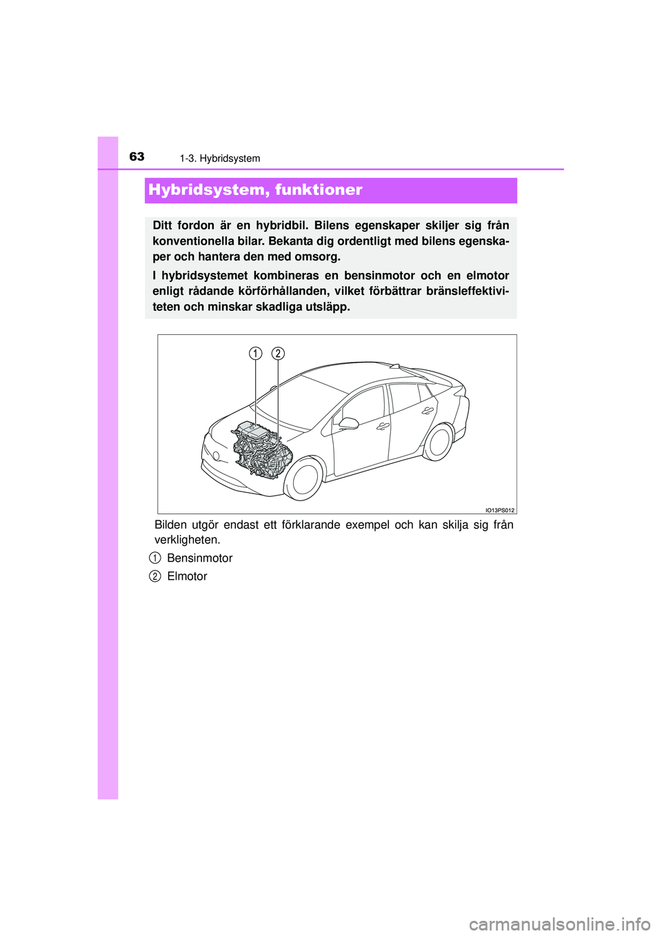 TOYOTA PRIUS 2015 Bruksanvisningar (in Swedish) 631-3. Hybridsystem
OM47A31SE
Hybridsystem, funktioner
Bilden utgör endast ett förklarand e exempel och kan skilja sig från
verkligheten.
Bensinmotor
Elmotor
Ditt fordon är en hybridbil. Bilens eg TOYOTA PRIUS 2015 Bruksanvisningar (in Swedish) 631-3. Hybridsystem
OM47A31SE
Hybridsystem, funktioner
Bilden utgör endast ett förklarand e exempel och kan skilja sig från
verkligheten.
Bensinmotor
Elmotor
Ditt fordon är en hybridbil. Bilens eg