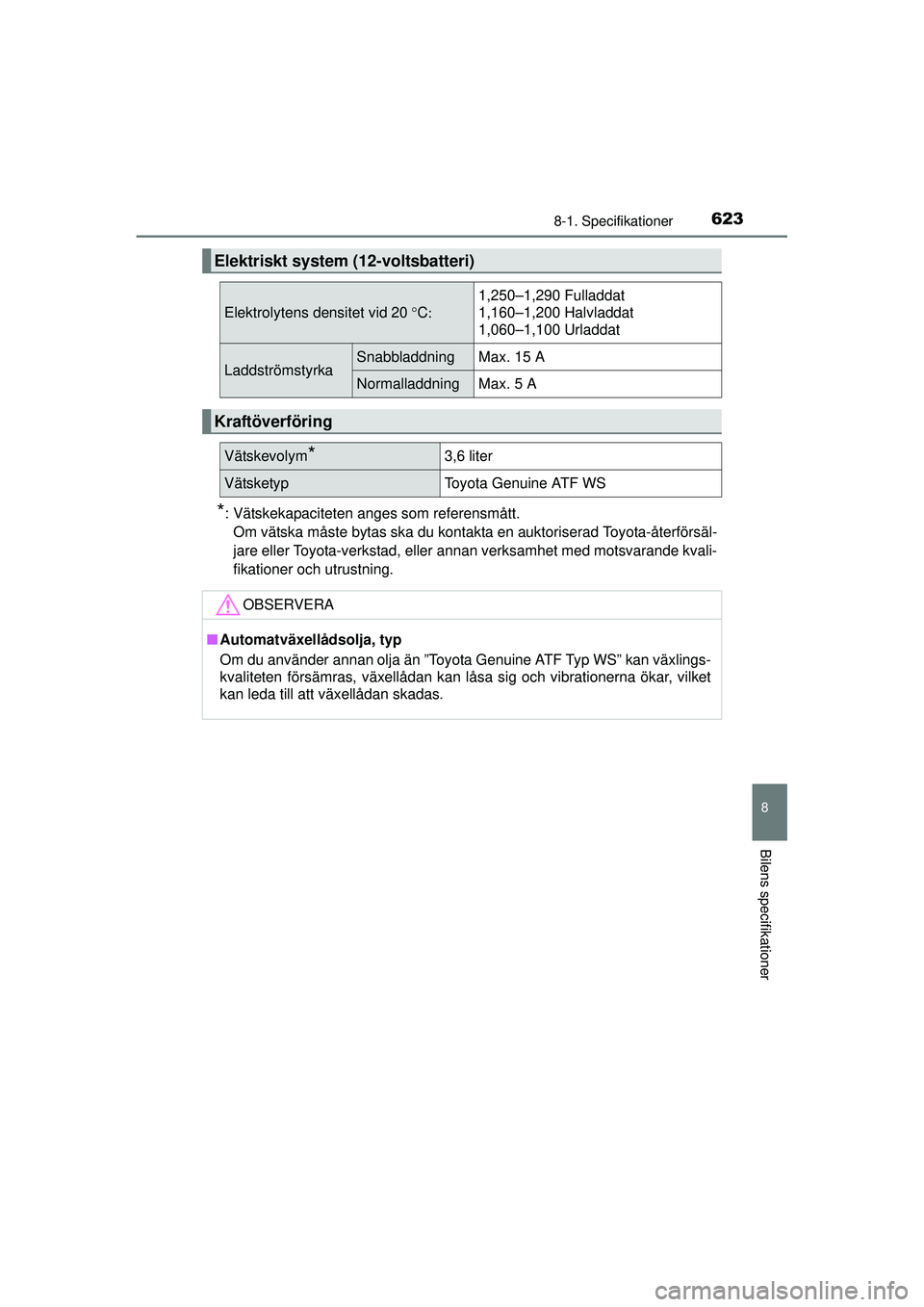 TOYOTA PRIUS 2015  Bruksanvisningar (in Swedish) 6238-1. Specifikationer
OM47A31SE
8
Bilens specifikationer
*: Vätskekapaciteten anges som referensmått.Om vätska måste bytas ska du kontakta en auktoriserad Toyota-återförsäl-
jare eller Toyota