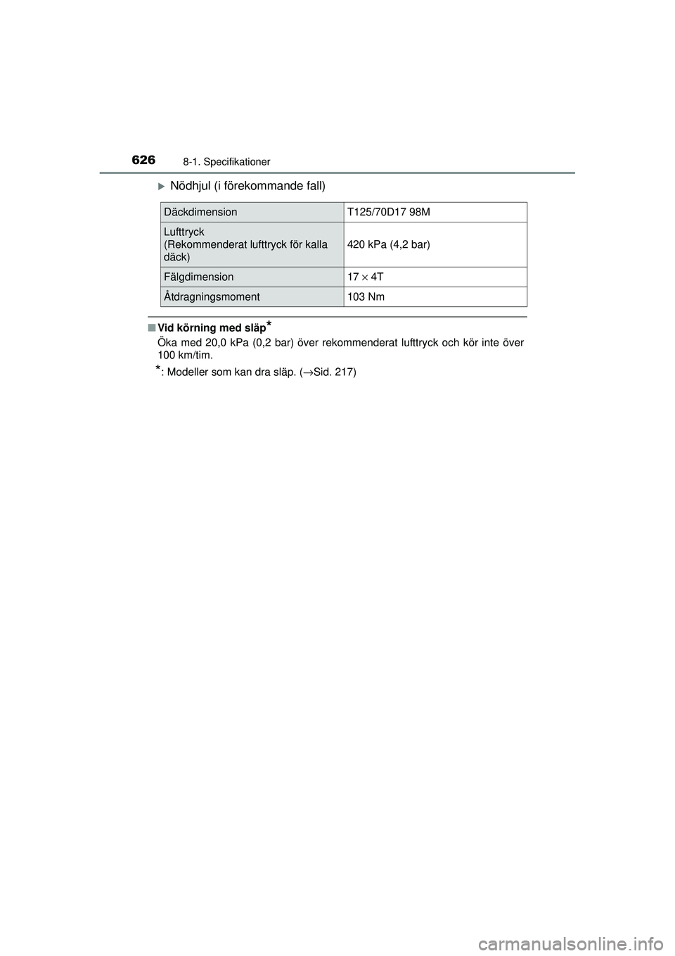 TOYOTA PRIUS 2015  Bruksanvisningar (in Swedish) 6268-1. Specifikationer
OM47A31SE
�XNödhjul (i förekommande fall)
■Vid körning med släp*
Öka med 20,0 kPa (0,2 bar) över rekommenderat lufttryck och kör inte över
100 km/tim.
*: Modeller som