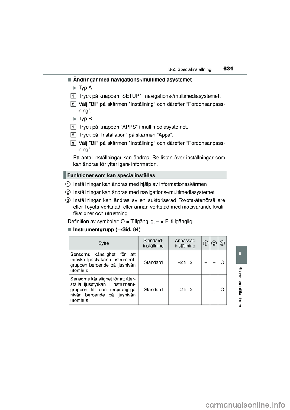 TOYOTA PRIUS 2015  Bruksanvisningar (in Swedish) 6318-2. Specialinställning
OM47A31SE
8
Bilens specifikationer
■Ändringar med navigations-/multimediasystemet
�XTy p  A
Tryck på knappen ”SETUP” i navi gations-/multimediasystemet.
Välj ”Bi