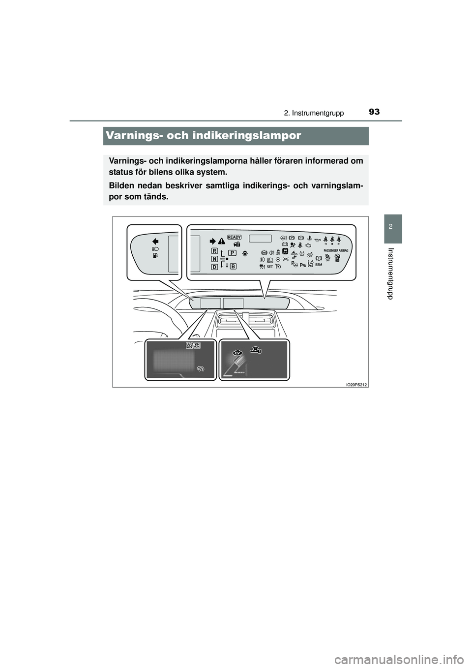 TOYOTA PRIUS 2015 Bruksanvisningar (in Swedish) 93
2
2. Instrumentgrupp
Instrumentgrupp
OM47A31SE
Varnings- och indikeringslampor
Varnings- och indikeringslamporna håller föraren informerad om
status för bilens olika system.
Bilden nedan beskriv TOYOTA PRIUS 2015 Bruksanvisningar (in Swedish) 93
2
2. Instrumentgrupp
Instrumentgrupp
OM47A31SE
Varnings- och indikeringslampor
Varnings- och indikeringslamporna håller föraren informerad om
status för bilens olika system.
Bilden nedan beskriv