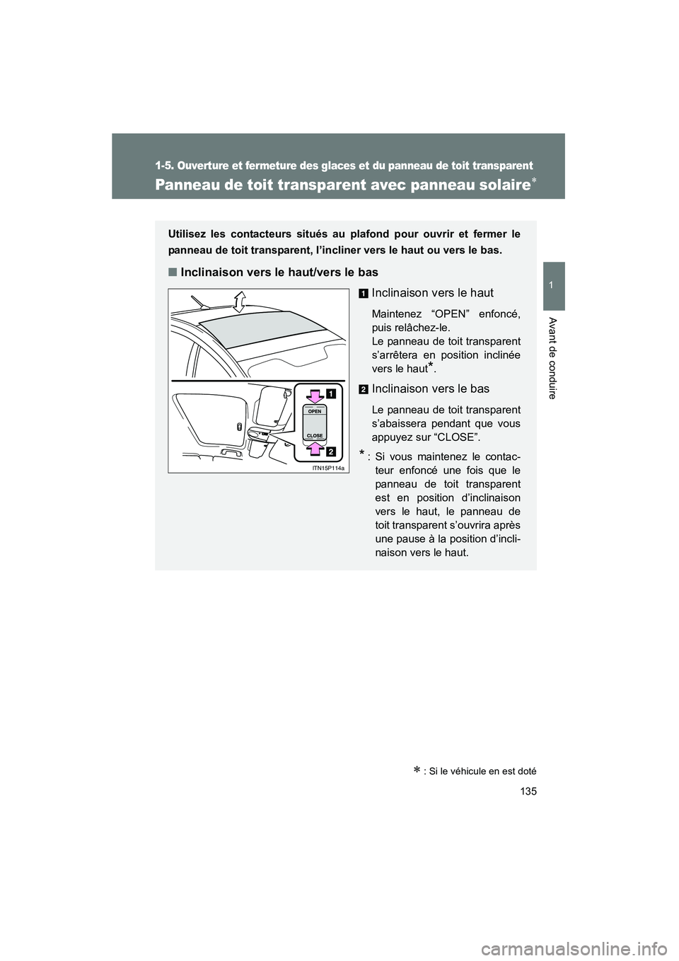 TOYOTA PRIUS 2014 Manuel du propriétaire (in French) 135
1
1-5. Ouverture et fermeture des glaces et du panneau de toit transparent
Avant de conduire
PRIUS_OM_OM47859D_(D)
Panneau de toit transparent avec panneau solaire∗
∗ : Si le véhicule en est TOYOTA PRIUS 2014 Manuel du propriétaire (in French) 135
1
1-5. Ouverture et fermeture des glaces et du panneau de toit transparent
Avant de conduire
PRIUS_OM_OM47859D_(D)
Panneau de toit transparent avec panneau solaire∗
∗ : Si le véhicule en est
