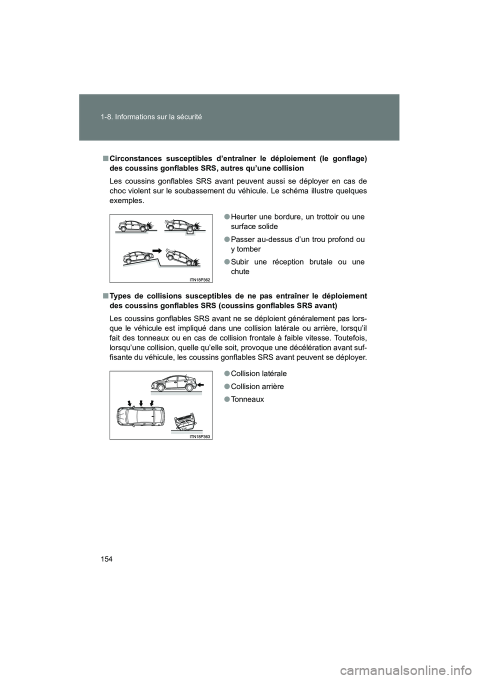 TOYOTA PRIUS 2014 Manuel du propriétaire (in French) 154 1-8. Informations sur la sécurité
PRIUS_OM_OM47859D_(D)
■Circonstances susceptibles d’entraîner le déploiement (le gonflage)
des coussins gonflables SRS, autres qu’une collision
Les cous TOYOTA PRIUS 2014 Manuel du propriétaire (in French) 154 1-8. Informations sur la sécurité
PRIUS_OM_OM47859D_(D)
■Circonstances susceptibles d’entraîner le déploiement (le gonflage)
des coussins gonflables SRS, autres qu’une collision
Les cous