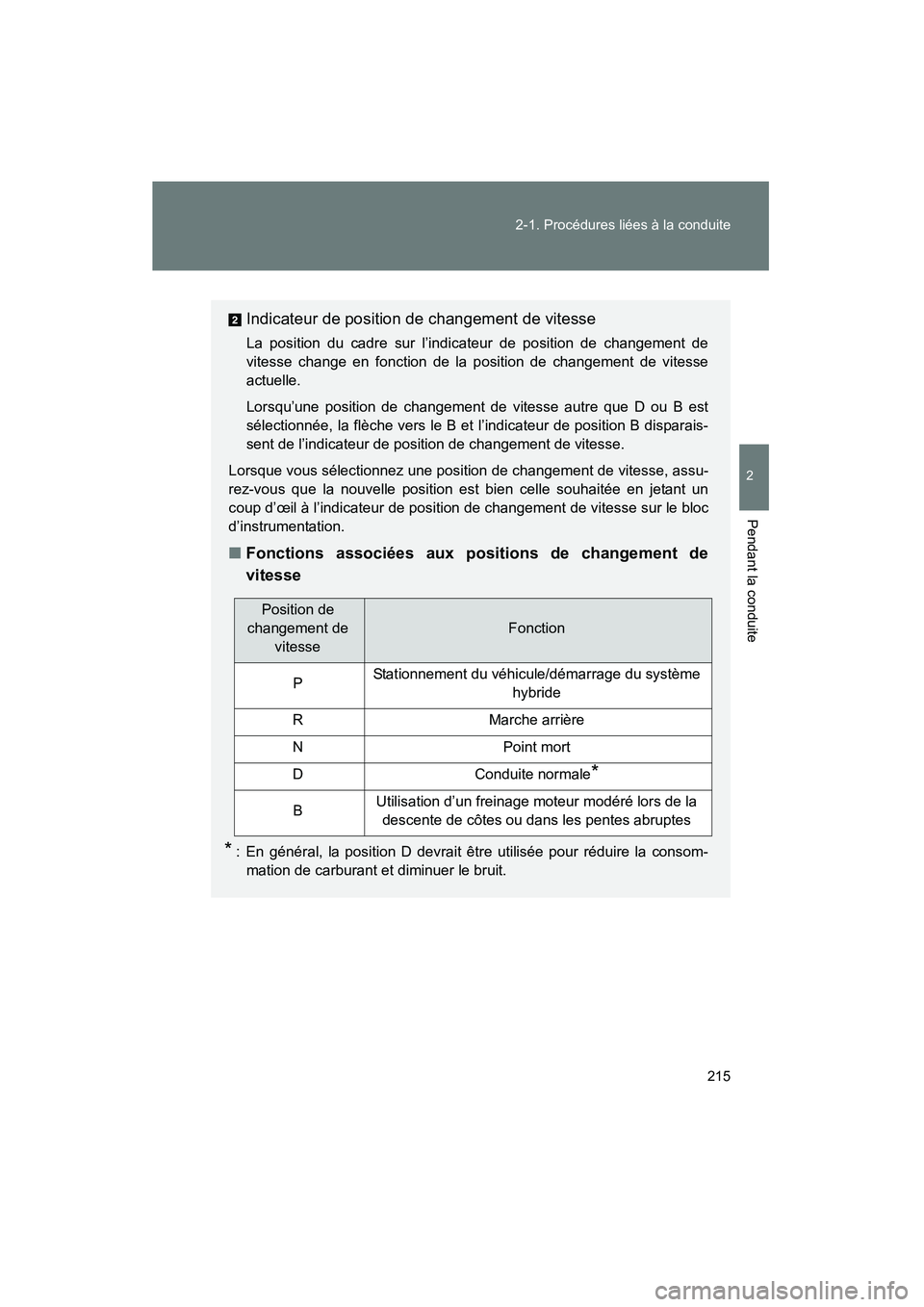 TOYOTA PRIUS 2014  Manuel du propriétaire (in French) 215
2-1. Procédures liées à la conduite
PRIUS_OM_OM47859D_(D)
2
Pendant la conduite
Indicateur de position de changement de vitesse
La position du cadre sur l’indicateur de position de changement