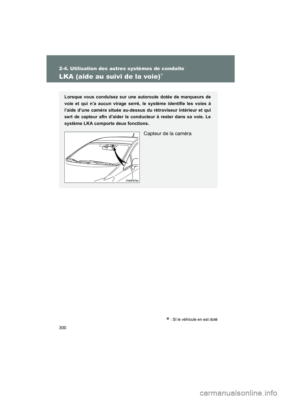TOYOTA PRIUS 2014  Manuel du propriétaire (in French) 300
2-4. Utilisation des autres systèmes de conduite
PRIUS_OM_OM47859D_(D)
LKA (aide au suivi de la voie)∗
∗ : Si le véhicule en est doté
Lorsque vous conduisez sur une autoroute dotée de marq