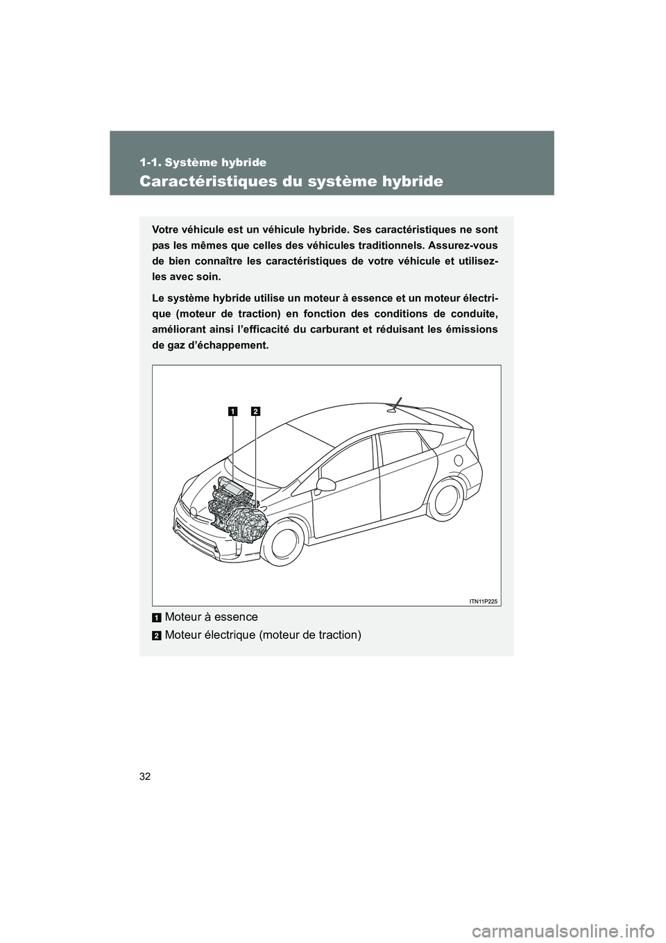 TOYOTA PRIUS 2014 Manuel du propriétaire (in French) 32
PRIUS_OM_OM47859D_(D)
1-1. Système hybride
Caractéristiques du système hybride
Votre véhicule est un véhicule hybride. Ses caractéristiques ne sont
pas les mêmes que celles des véhicules tr TOYOTA PRIUS 2014 Manuel du propriétaire (in French) 32
PRIUS_OM_OM47859D_(D)
1-1. Système hybride
Caractéristiques du système hybride
Votre véhicule est un véhicule hybride. Ses caractéristiques ne sont
pas les mêmes que celles des véhicules tr