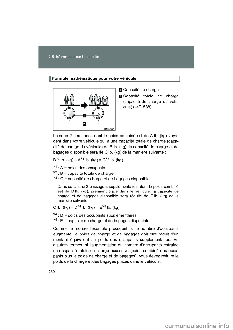 TOYOTA PRIUS 2014 Manuel du propriétaire (in French) 330 2-5. Informations sur la conduite
PRIUS_OM_OM47859D_(D)
Formule mathématique pour votre véhiculeCapacité de charge
Capacité totale de charge
(capacité de charge du véhi-
cule) (→P. 588)
Lo TOYOTA PRIUS 2014 Manuel du propriétaire (in French) 330 2-5. Informations sur la conduite
PRIUS_OM_OM47859D_(D)
Formule mathématique pour votre véhiculeCapacité de charge
Capacité totale de charge
(capacité de charge du véhi-
cule) (→P. 588)
Lo