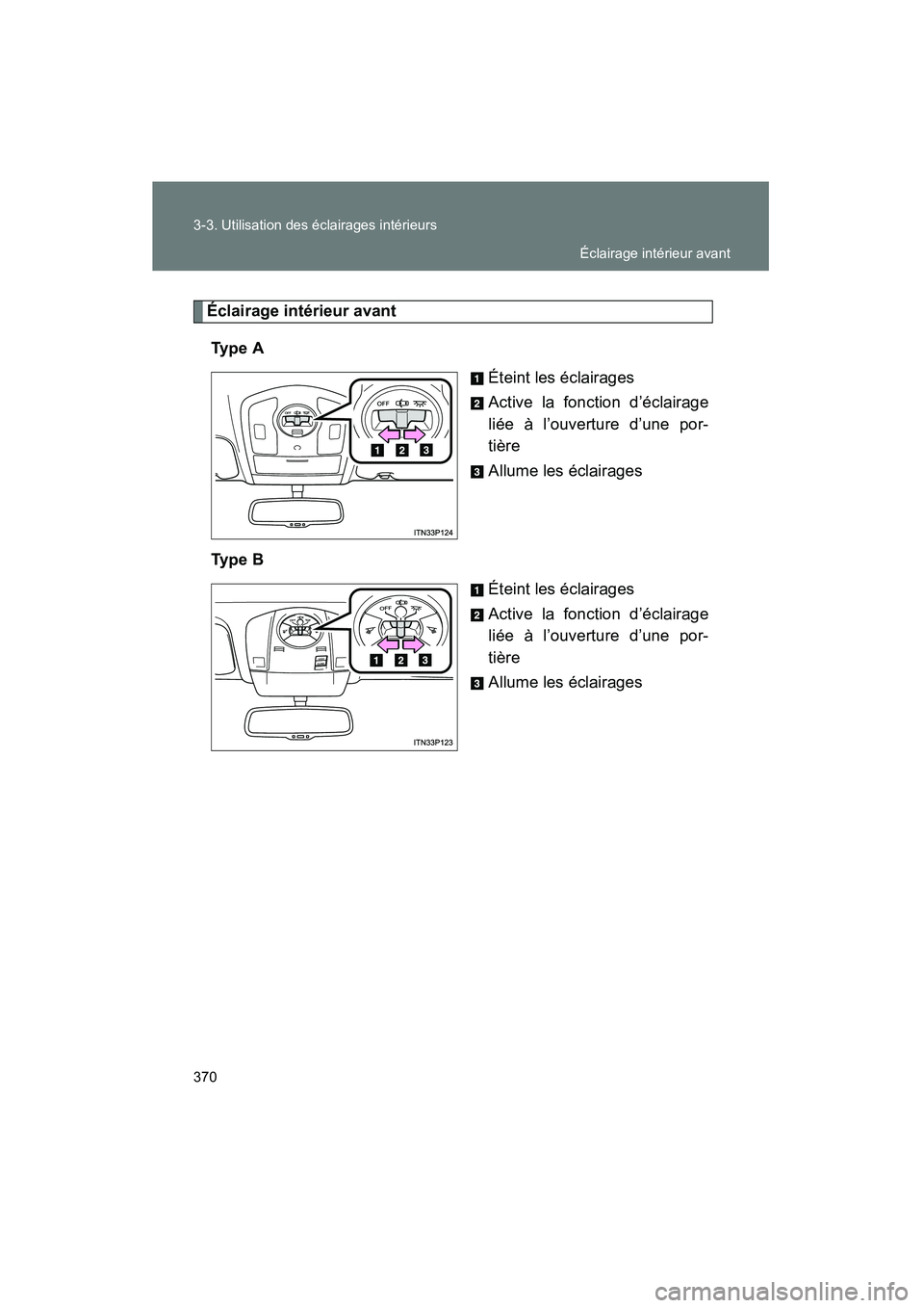 TOYOTA PRIUS 2014  Manuel du propriétaire (in French) 370 3-3. Utilisation des éclairages intérieurs
PRIUS_OM_OM47859D_(D)
Éclairage intérieur avantTy p e  A Éteint les éclairages
Active la fonction d’éclairage
liée à l’ouverture d’une por