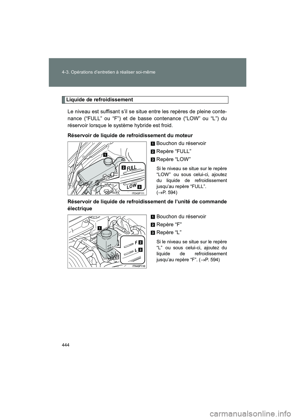 TOYOTA PRIUS 2014  Manuel du propriétaire (in French) 444 4-3. Opérations d’entretien à réaliser soi-même
PRIUS_OM_OM47859D_(D)
Liquide de refroidissementLe niveau est suffisant s’il se situe entre les repères de pleine conte-
nance (“FULL” 