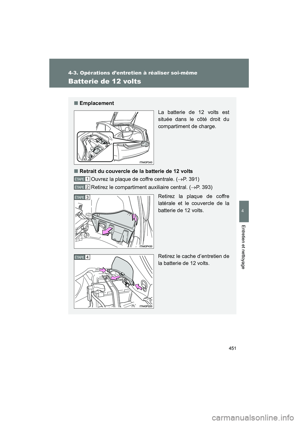 TOYOTA PRIUS 2014  Manuel du propriétaire (in French) 451
4-3. Opérations d’entretien à réaliser soi-même
PRIUS_OM_OM47859D_(D)
4
Entretien et nettoyage
Batterie de 12 volts
■Emplacement
La batterie de 12 volts est
située dans le côté droit du