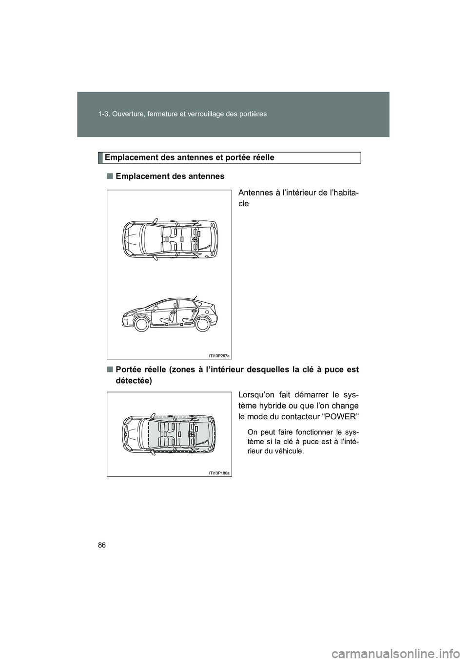 TOYOTA PRIUS 2014 Manuel du propriétaire (in French) 86 1-3. Ouverture, fermeture et verrouillage des portières
PRIUS_OM_OM47859D_(D)
Emplacement des antennes et portée réelle■ Emplacement des antennes
Antennes à l’intérieur de l’habita-
cle
TOYOTA PRIUS 2014 Manuel du propriétaire (in French) 86 1-3. Ouverture, fermeture et verrouillage des portières
PRIUS_OM_OM47859D_(D)
Emplacement des antennes et portée réelle■ Emplacement des antennes
Antennes à l’intérieur de l’habita-
cle