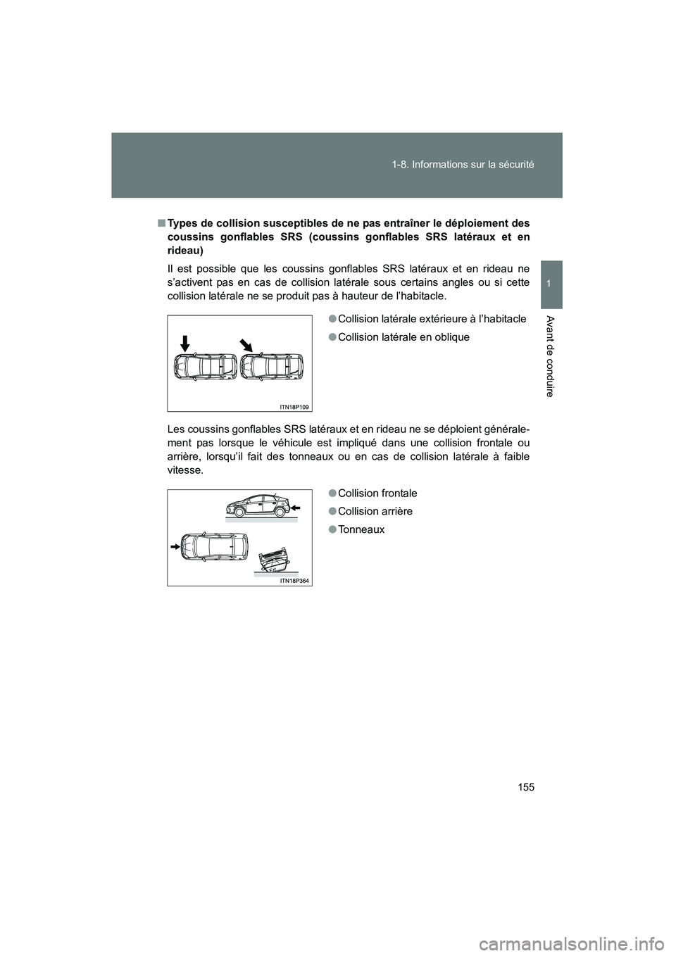 TOYOTA PRIUS 2013  Manuel du propriétaire (in French) 155
1-8. Informations sur la sécurité
1
Avant de conduire
PRIUS_OM_OM47804D_(D)
■
Types de collision susceptibles de ne pas entraîner le déploiement des
coussins gonflables SRS (coussins gonflab