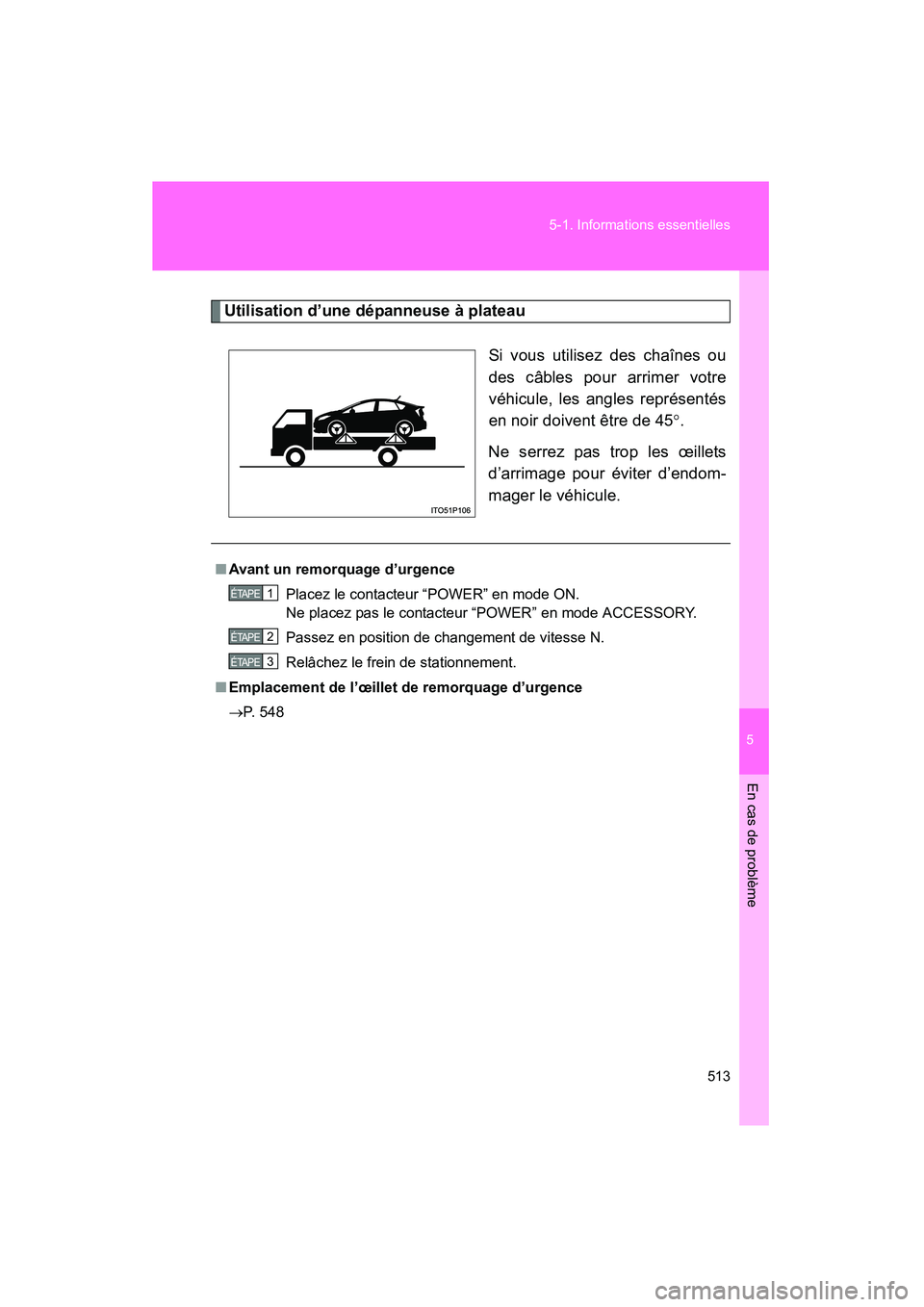 TOYOTA PRIUS 2013 Manuel du propriétaire (in French) 5
En cas de problème
513
5-1. Informations essentielles
PRIUS_OM_OM47804D_(D)
Utilisation d’une dépanneuse à plateau
Si vous utilisez des chaînes ou
des câbles pour arrimer votre
véhicule, les TOYOTA PRIUS 2013 Manuel du propriétaire (in French) 5
En cas de problème
513
5-1. Informations essentielles
PRIUS_OM_OM47804D_(D)
Utilisation d’une dépanneuse à plateau
Si vous utilisez des chaînes ou
des câbles pour arrimer votre
véhicule, les