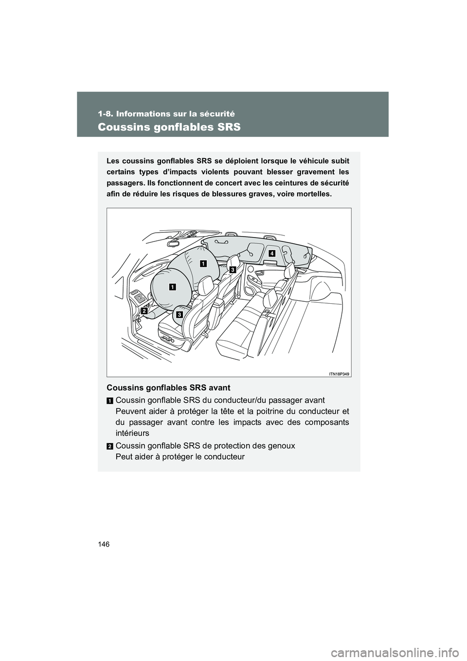 TOYOTA PRIUS 2012  Manuel du propriétaire (in French) 146
1-8. Informations sur la sécurité
PRIUS_D (OM47778D)
Coussins gonflables SRS
Les coussins gonflables SRS se déploient lorsque le véhicule subit
certains types d’impacts violents pouvant bles