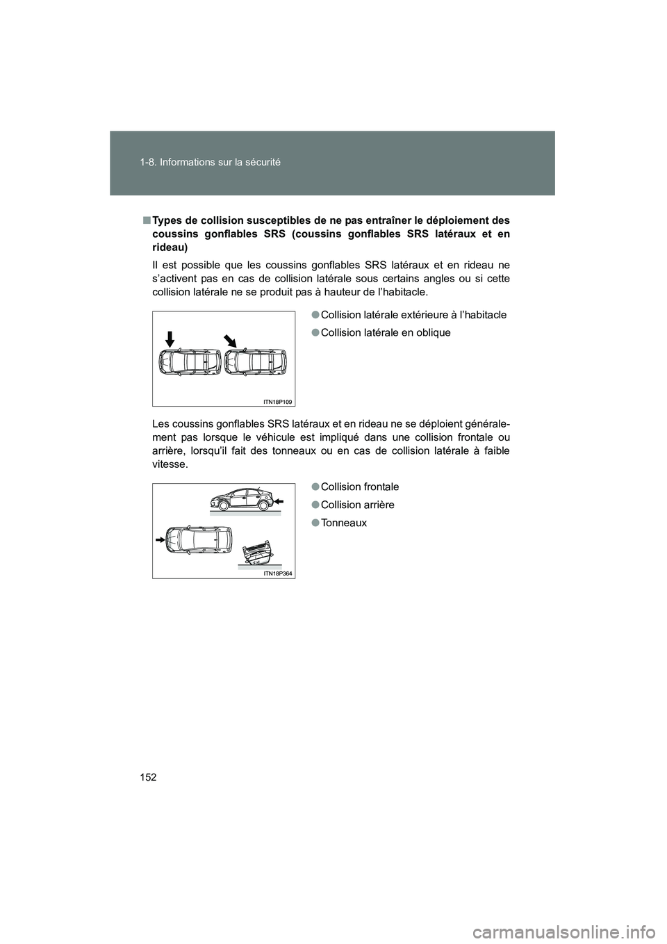 TOYOTA PRIUS 2012  Manuel du propriétaire (in French) 152 1-8. Informations sur la sécurité
PRIUS_D (OM47778D)
■Types de collision susceptibles de ne pas entraîner le déploiement des
coussins gonflables SRS (coussins  gonflables SRS latéraux et en