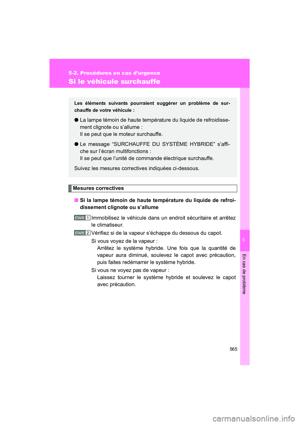 TOYOTA PRIUS 2012  Manuel du propriétaire (in French) 5
En cas de problème
565
5-2. Procédures en cas d’urgence
PRIUS_D (OM47778D)
Si le véhicule surchauffe
Mesures correctives■ Si la lampe témoin de haute te mpérature du liquide de refroi-
diss
