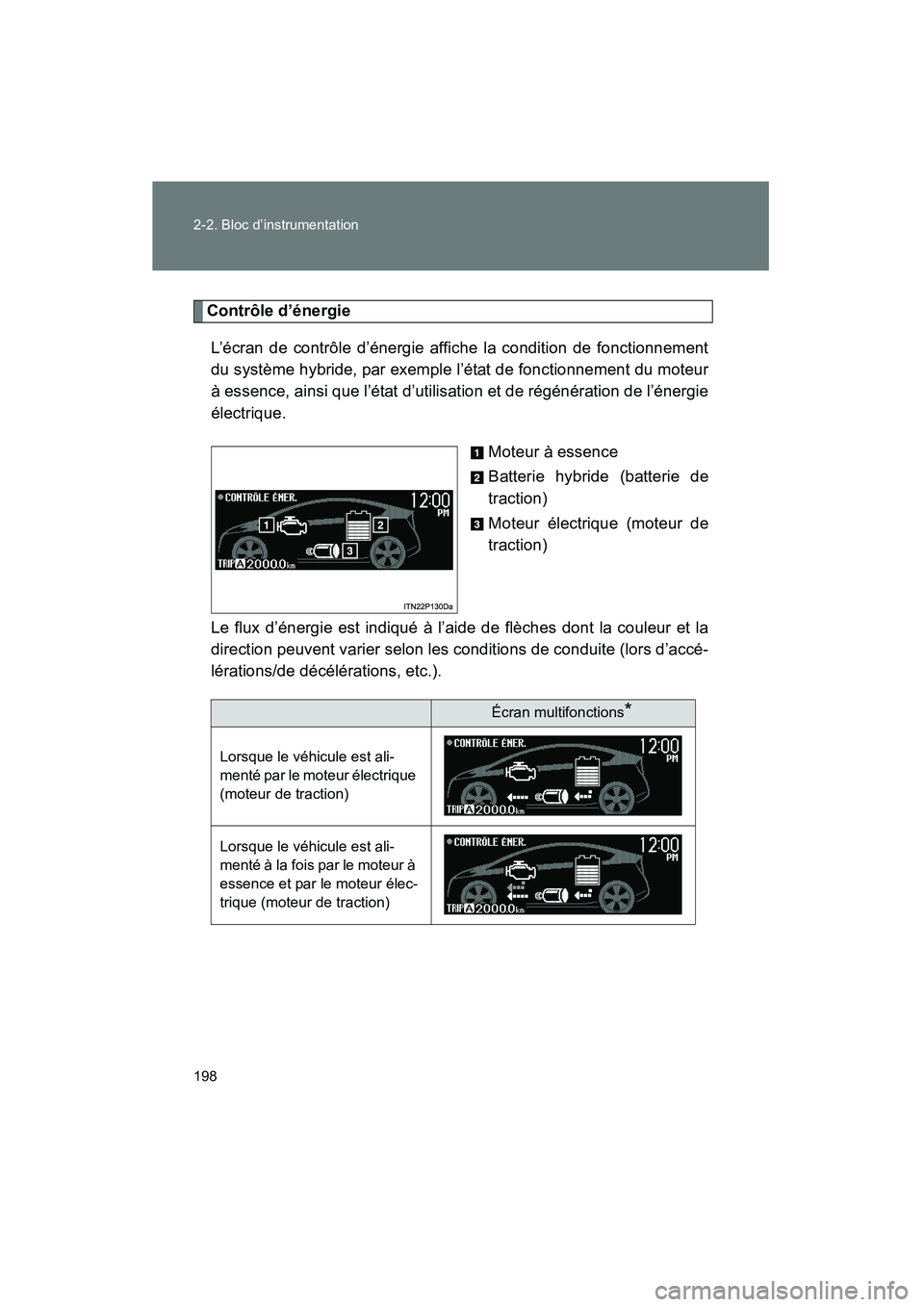 TOYOTA PRIUS 2011  Manuel du propriétaire (in French) 198 2-2. Bloc d’instrumentation
PRIUS_D (OM47697D)
Contrôle d’énergieL’écran de contrôle d’énergie affiche la condition de fonctionnement
du système hybride, par exemple l’état de fon