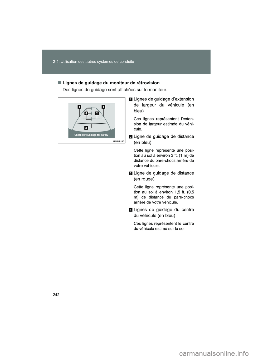 TOYOTA PRIUS 2011 Manuel du propriétaire (in French) 242 2-4. Utilisation des autres systèmes de conduite
PRIUS_D (OM47697D)■
Lignes de guidage du moniteur de rétrovision
Des lignes de guidage sont affichées sur le moniteur.
Lignes de guidage d’e TOYOTA PRIUS 2011 Manuel du propriétaire (in French) 242 2-4. Utilisation des autres systèmes de conduite
PRIUS_D (OM47697D)■
Lignes de guidage du moniteur de rétrovision
Des lignes de guidage sont affichées sur le moniteur.
Lignes de guidage d’e