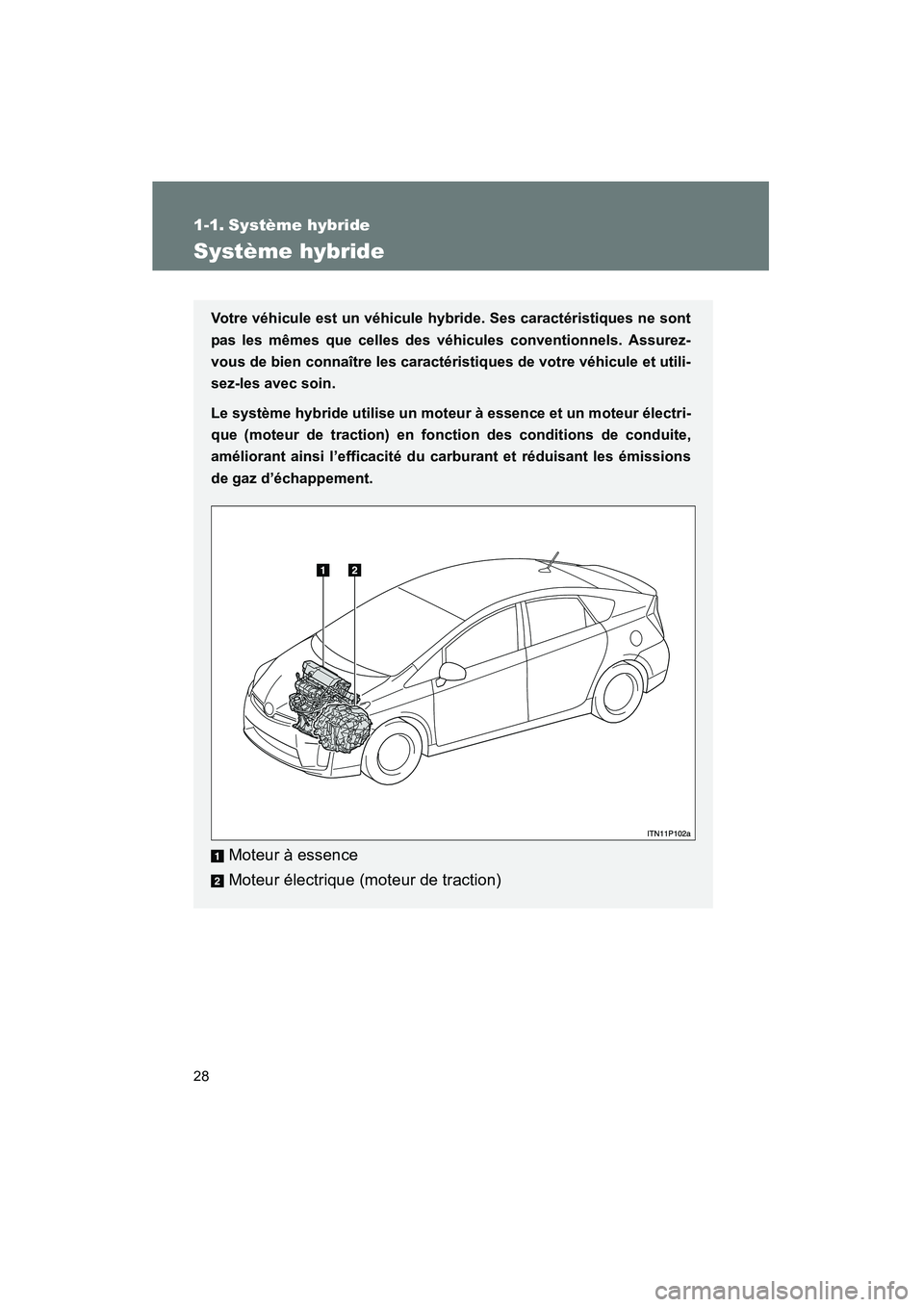TOYOTA PRIUS 2011  Manuel du propriétaire (in French) 28
PRIUS_D (OM47697D)
1-1. Système hybride
Système hybride
Votre véhicule est un véhicule hybride. Ses caractéristiques ne sont
pas les mêmes que celles des véhicules conventionnels. Assurez-
v