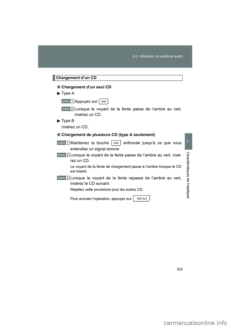 TOYOTA PRIUS 2011 Manuel du propriétaire (in French) 323
3-2. Utilisation du système audio
3
Caractéristiques de l’habitacle
PRIUS_D (OM47697D)
Chargement d’un CD
■ Chargement d’un seul CD
Type A
Appuyez sur .
Lorsque le voyant de la fente pa TOYOTA PRIUS 2011 Manuel du propriétaire (in French) 323
3-2. Utilisation du système audio
3
Caractéristiques de l’habitacle
PRIUS_D (OM47697D)
Chargement d’un CD
■ Chargement d’un seul CD
Type A
Appuyez sur .
Lorsque le voyant de la fente pa