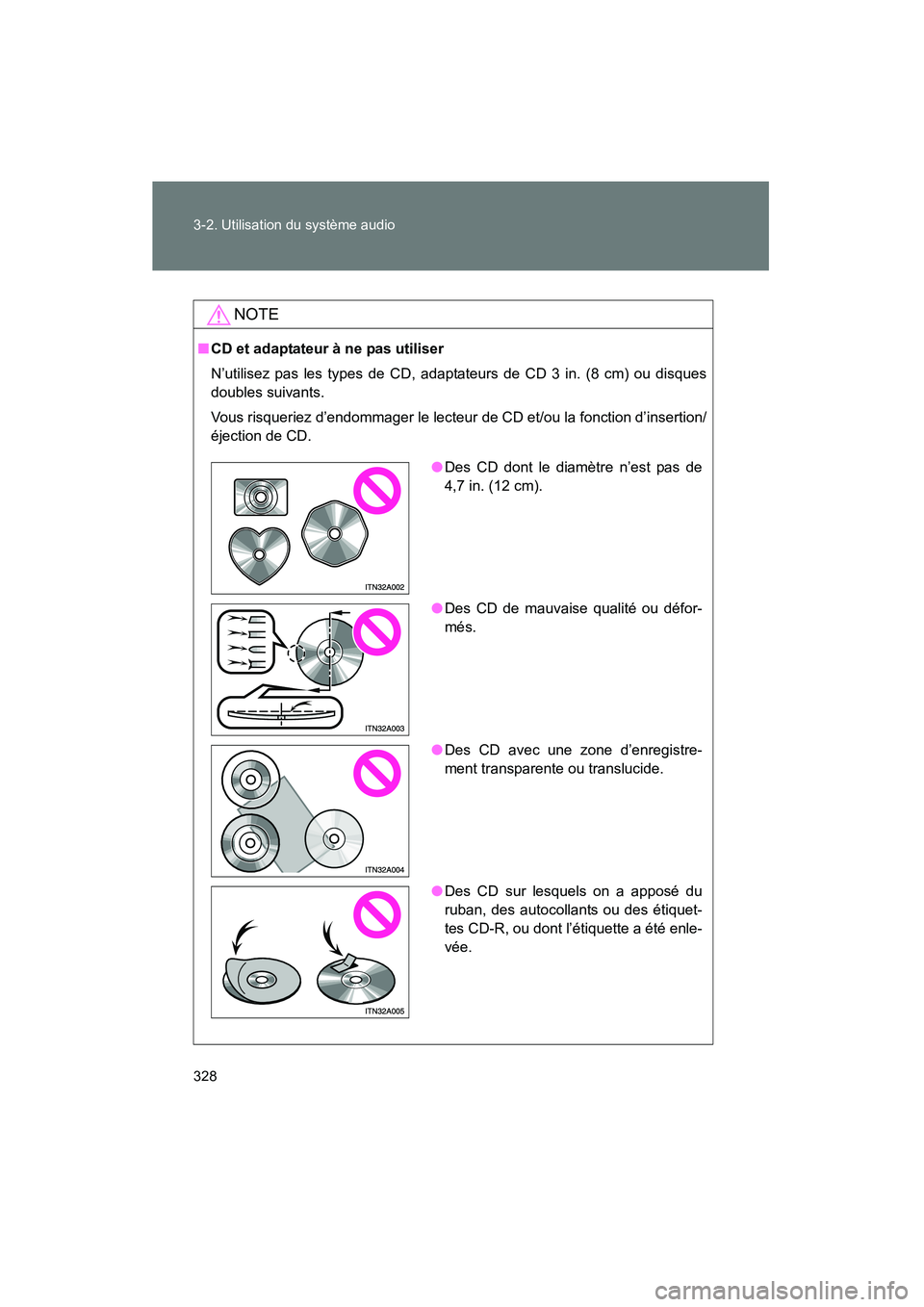 TOYOTA PRIUS 2011 Manuel du propriétaire (in French) 328 3-2. Utilisation du système audio
PRIUS_D (OM47697D)
NOTE
■CD et adaptateur à ne pas utiliser
N’utilisez pas les types de CD, adaptateurs de CD 3 in. (8 cm) ou disques
doubles suivants.
Vous TOYOTA PRIUS 2011 Manuel du propriétaire (in French) 328 3-2. Utilisation du système audio
PRIUS_D (OM47697D)
NOTE
■CD et adaptateur à ne pas utiliser
N’utilisez pas les types de CD, adaptateurs de CD 3 in. (8 cm) ou disques
doubles suivants.
Vous