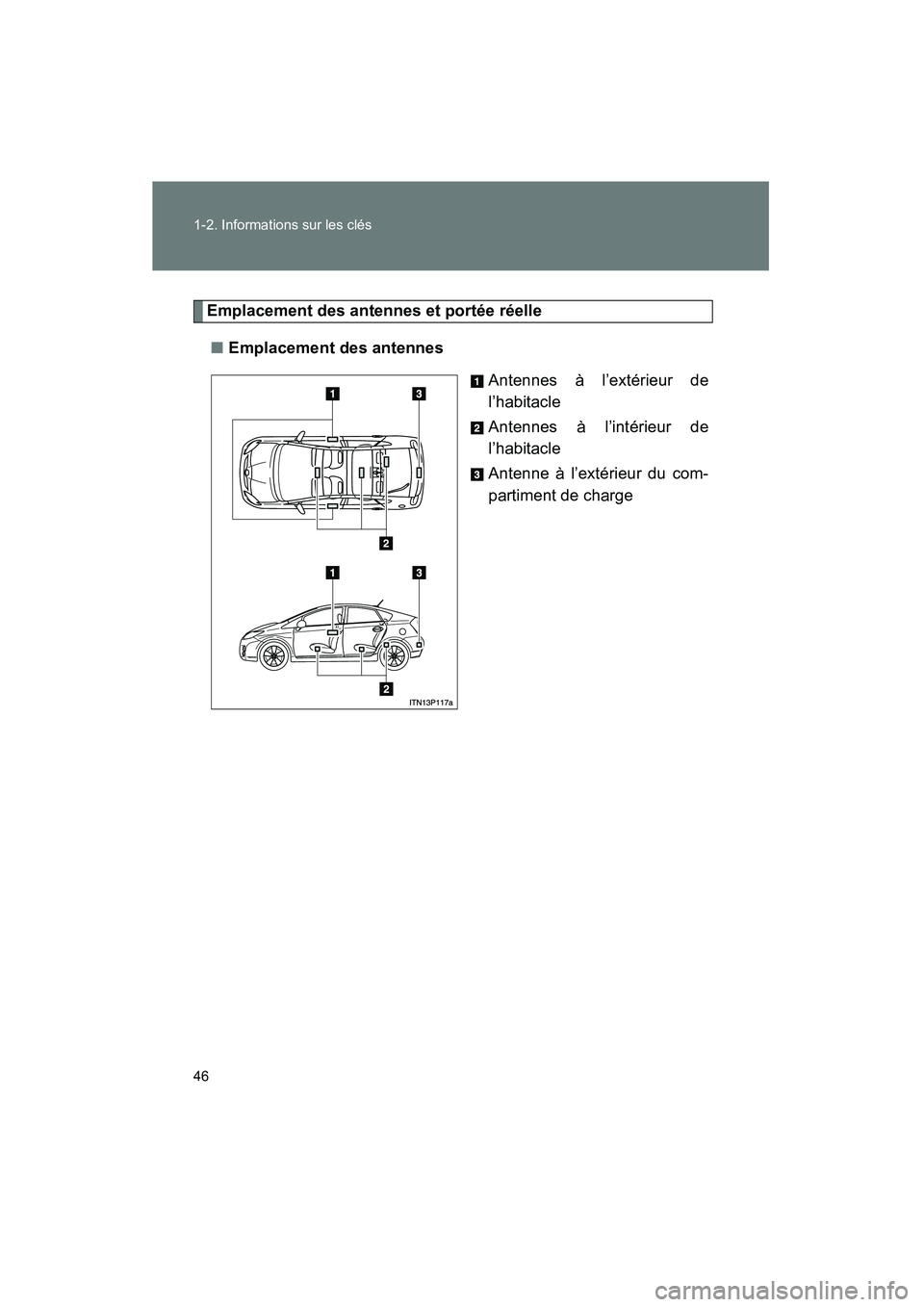 TOYOTA PRIUS 2011 Manuel du propriétaire (in French) 46 1-2. Informations sur les clés
PRIUS_D (OM47697D)
Emplacement des antennes et portée réelle■ Emplacement des antennes
Antennes à l’extérieur de
l’habitacle
Antennes à l’intérieur de
TOYOTA PRIUS 2011 Manuel du propriétaire (in French) 46 1-2. Informations sur les clés
PRIUS_D (OM47697D)
Emplacement des antennes et portée réelle■ Emplacement des antennes
Antennes à l’extérieur de
l’habitacle
Antennes à l’intérieur de