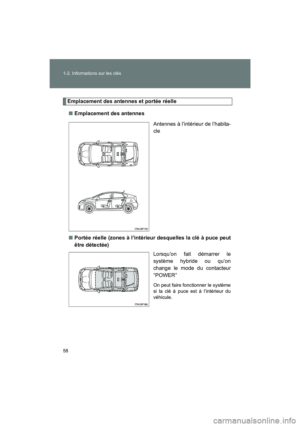 TOYOTA PRIUS 2011 Manuel du propriétaire (in French) 58 1-2. Informations sur les clés
PRIUS_D (OM47697D)
Emplacement des antennes et portée réelle■ Emplacement des antennes
Antennes à l’intérieur de l’habita-
cle
■ Portée réelle (zones TOYOTA PRIUS 2011 Manuel du propriétaire (in French) 58 1-2. Informations sur les clés
PRIUS_D (OM47697D)
Emplacement des antennes et portée réelle■ Emplacement des antennes
Antennes à l’intérieur de l’habita-
cle
■ Portée réelle (zones
