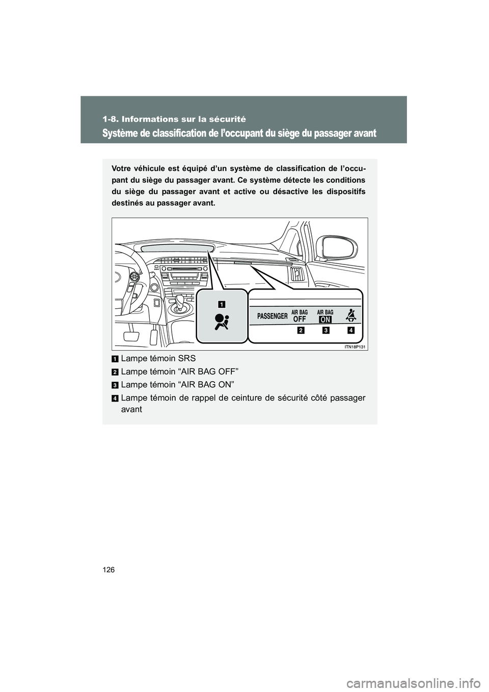 TOYOTA PRIUS 2010  Manuel du propriétaire (in French) 126
1-8. Informations sur la sécurité
PRIUS_D (OM47670D)
Système de classification de l’occupant du siège du passager avant
Votre véhicule est équipé d’un système de classification de l’