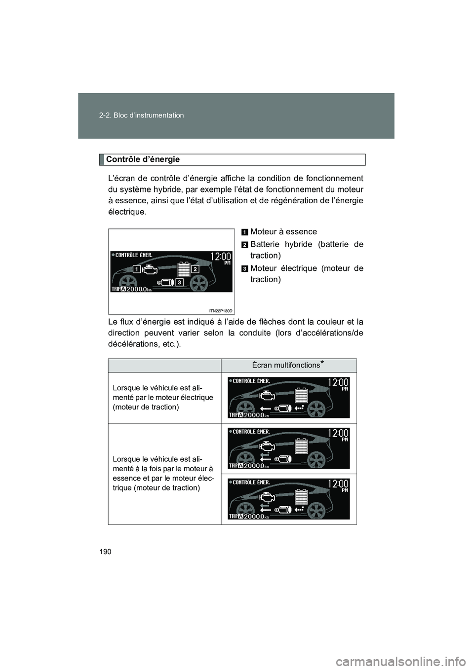 TOYOTA PRIUS 2010  Manuel du propriétaire (in French) 190 2-2. Bloc d’instrumentation
PRIUS_D (OM47670D)
Contrôle d’énergieL’écran de contrôle d’énergie affiche la condition de fonctionnement
du système hybride, par exemple l’état de fon