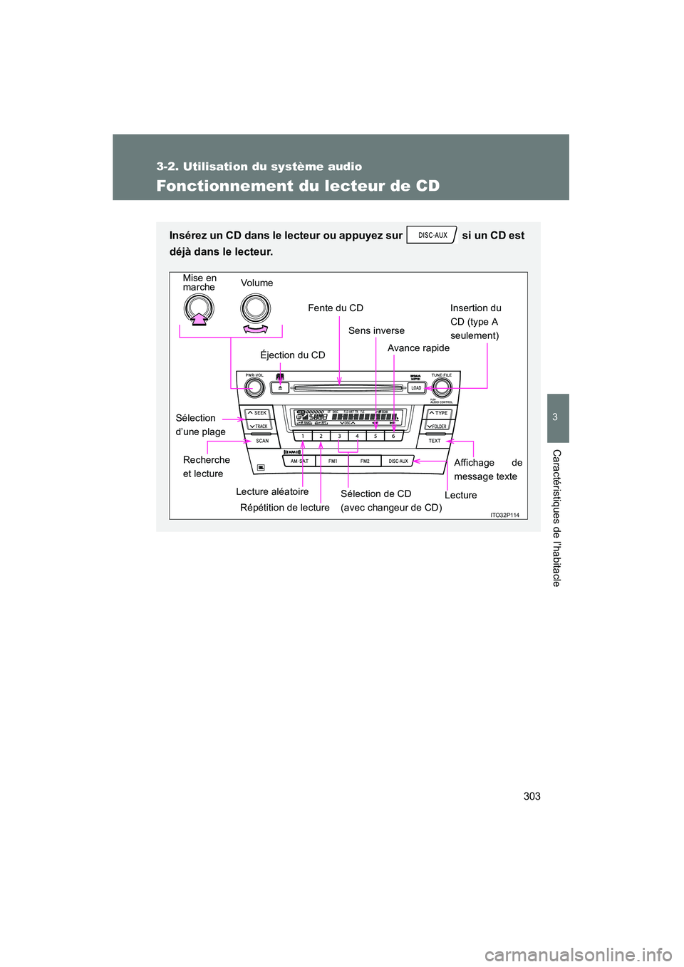 TOYOTA PRIUS 2010 Manuel du propriétaire (in French) 303
3-2. Utilisation du système audio
3
Caractéristiques de l’habitacle
PRIUS_D (OM47670D)
Fonctionnement du lecteur de CD
Insérez un CD dans le lecteur ou appuyez sur si un CD est
déjà dans TOYOTA PRIUS 2010 Manuel du propriétaire (in French) 303
3-2. Utilisation du système audio
3
Caractéristiques de l’habitacle
PRIUS_D (OM47670D)
Fonctionnement du lecteur de CD
Insérez un CD dans le lecteur ou appuyez sur si un CD est
déjà dans