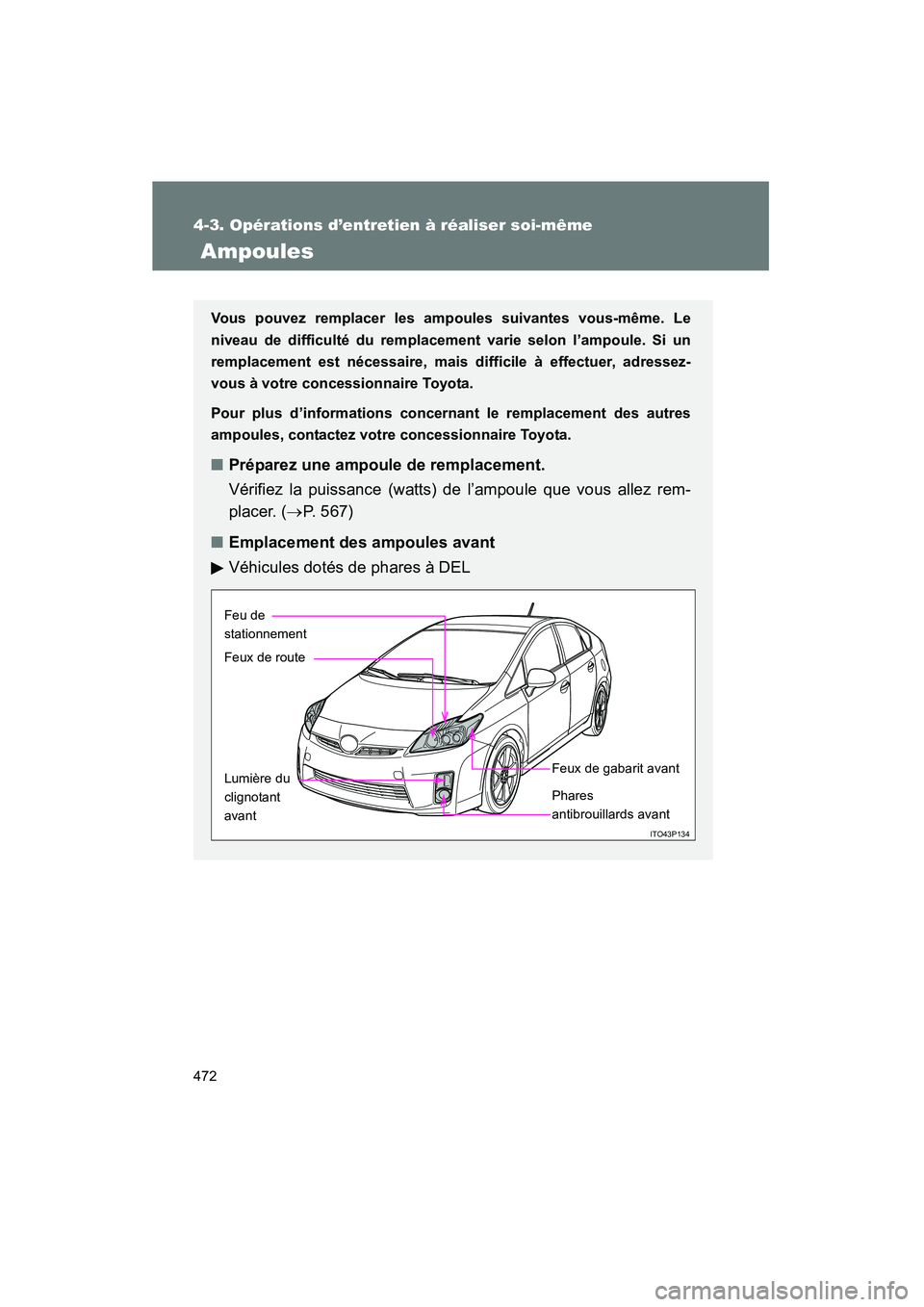 TOYOTA PRIUS 2010  Manuel du propriétaire (in French) 472
4-3. Opérations d’entretien à réaliser soi-même
PRIUS_D (OM47670D)
 Ampoules
Vous pouvez remplacer les ampoules suivantes vous-même. Le
niveau de difficulté du remplacement varie selon l