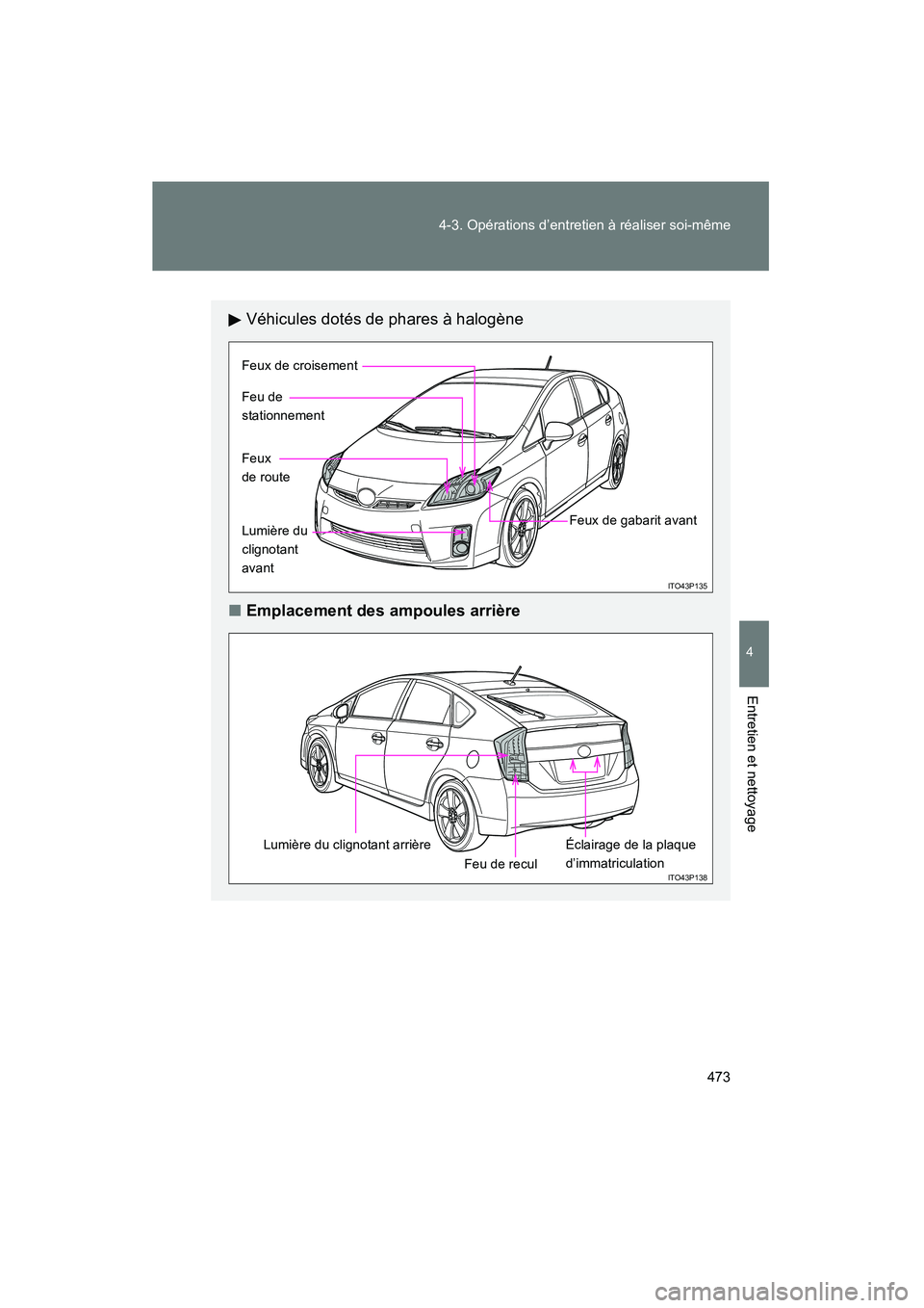 TOYOTA PRIUS 2010  Manuel du propriétaire (in French) 473
4-3. Opérations d’entretien à réaliser soi-même
4
Entretien et nettoyage
PRIUS_D (OM47670D)
Véhicules dotés de phares à halogène
■ Emplacement des ampoules arrière
ITO43P135
Feux de c