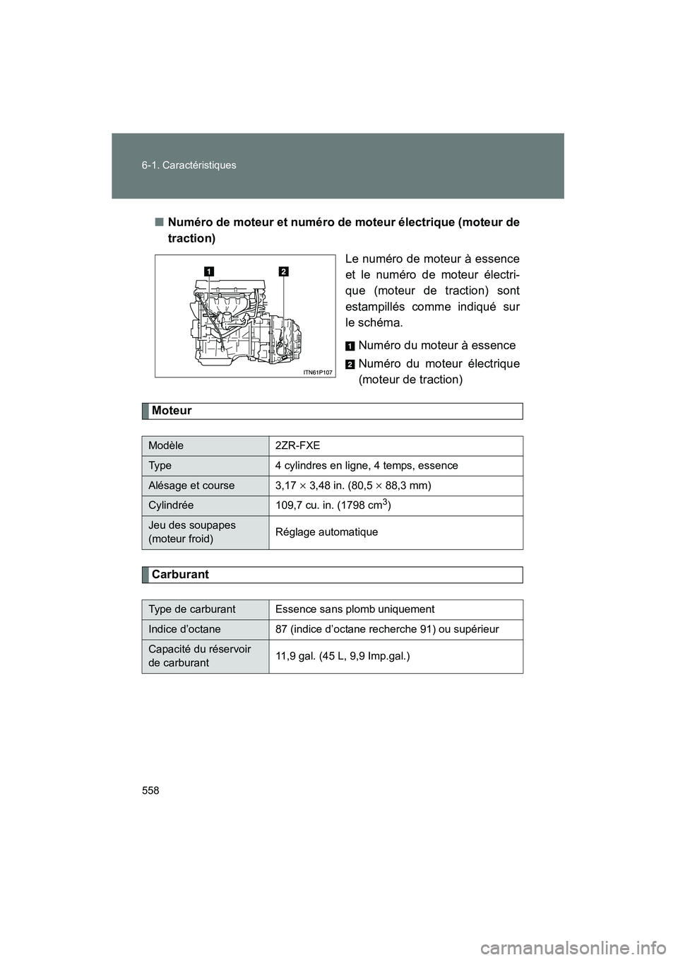 TOYOTA PRIUS 2010 Manuel du propriétaire (in French) 558 6-1. Caractéristiques
PRIUS_D (OM47670D)■
Numéro de moteur et numéro de moteur électrique (moteur de
traction)
Le numéro de moteur à essence
et le numéro de moteur électri-
que (moteur d TOYOTA PRIUS 2010 Manuel du propriétaire (in French) 558 6-1. Caractéristiques
PRIUS_D (OM47670D)■
Numéro de moteur et numéro de moteur électrique (moteur de
traction)
Le numéro de moteur à essence
et le numéro de moteur électri-
que (moteur d