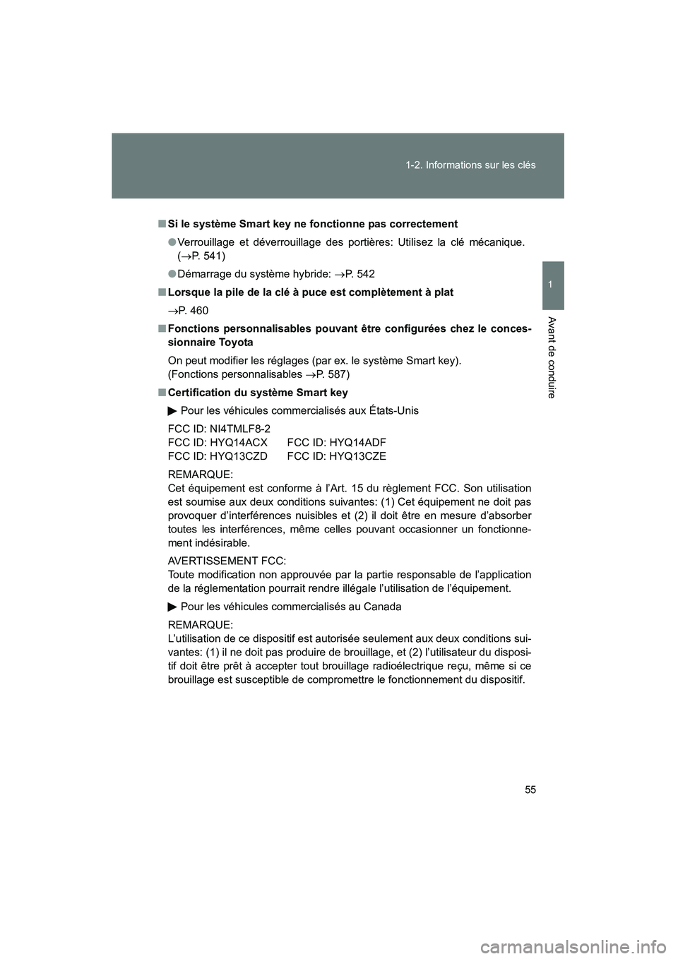 TOYOTA PRIUS 2010  Manuel du propriétaire (in French) 55
1-2. Informations sur les clés
1
Avant de conduire
PRIUS_D (OM47670D)
■
Si le système Smart key ne fonctionne pas correctement
●Verrouillage et déverrouillage des portières: Utilisez la cl