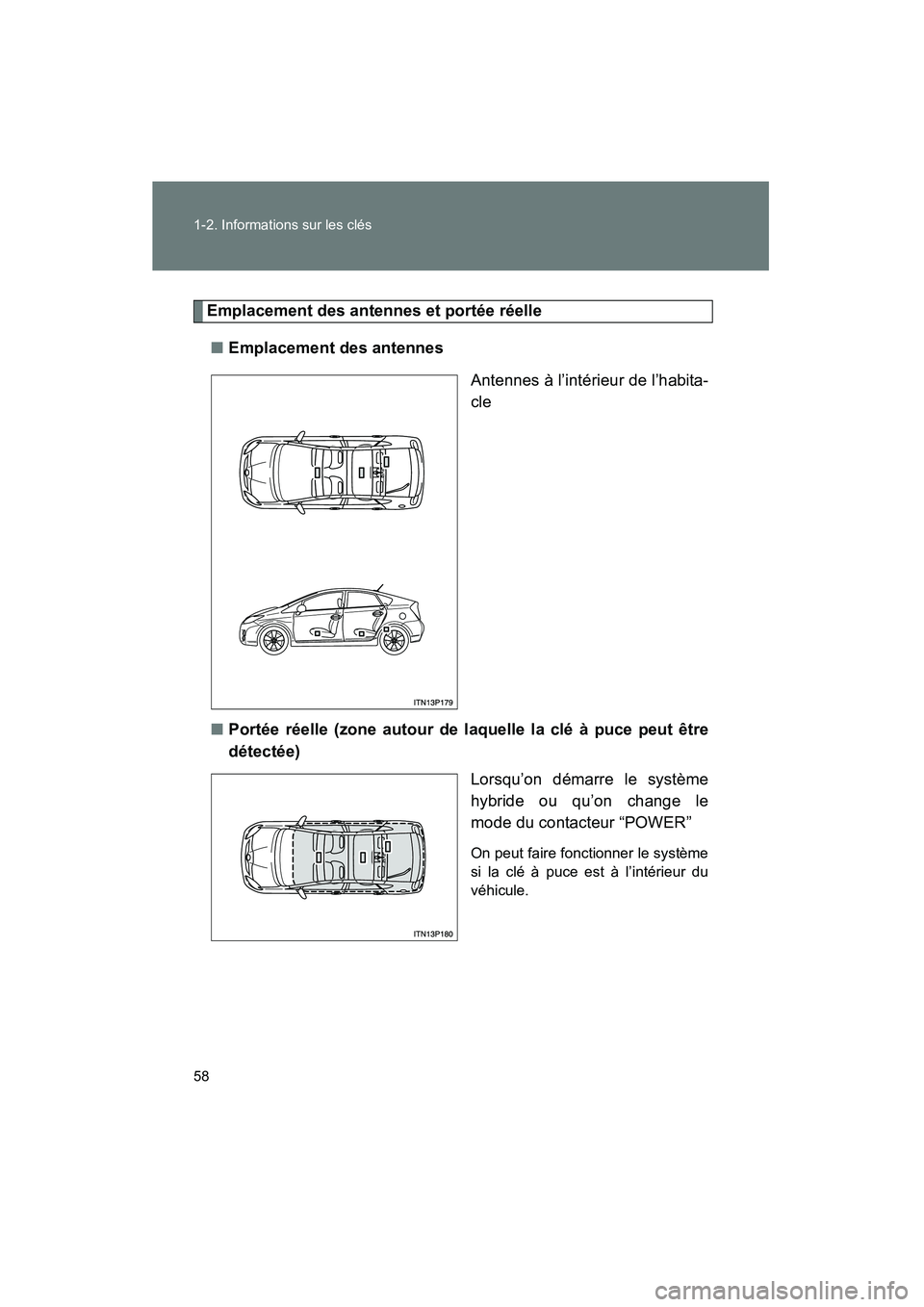 TOYOTA PRIUS 2010  Manuel du propriétaire (in French) 58 1-2. Informations sur les clés
PRIUS_D (OM47670D)
Emplacement des antennes et portée réelle■ Emplacement des antennes
Antennes à l’intérieur de l’habita-
cle
■ Portée réelle (zone au