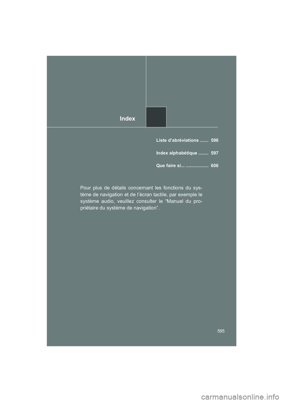 TOYOTA PRIUS 2010  Manuel du propriétaire (in French) Index
595
PRIUS_D (OM47670D)
Liste d’abréviations .......  596
Index alphabétique ........  597
Que faire si... ..................  606
Pour plus de détails concernant les fonctions du sys-
tème