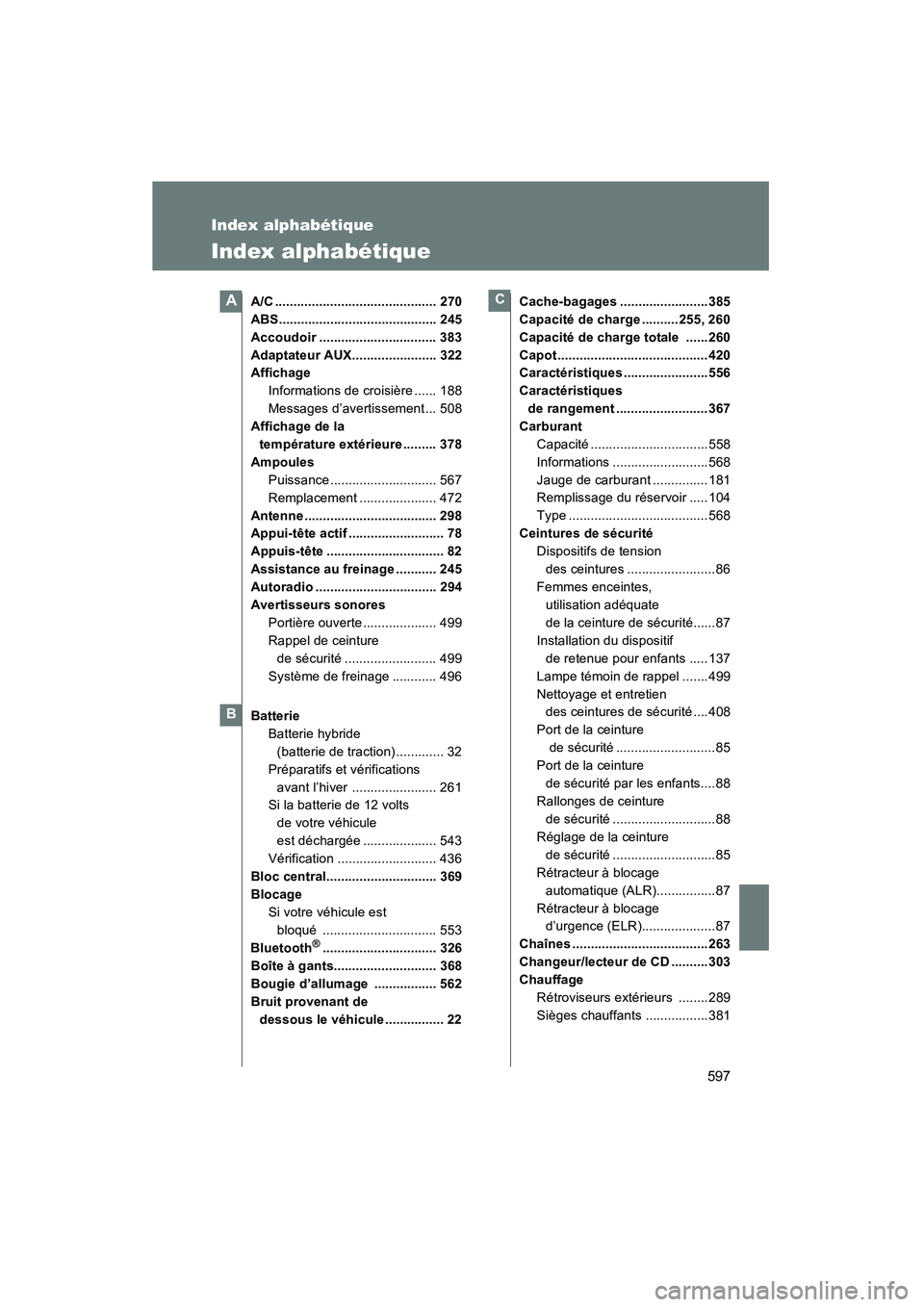 TOYOTA PRIUS 2010  Manuel du propriétaire (in French) 597
PRIUS_D (OM47670D)
Index alphabétique
Index alphabétique
A/C ............................................ 270
ABS........................................... 245
Accoudoir ....................... TOYOTA PRIUS 2010  Manuel du propriétaire (in French) 597
PRIUS_D (OM47670D)
Index alphabétique
Index alphabétique
A/C ............................................ 270
ABS........................................... 245
Accoudoir .......................