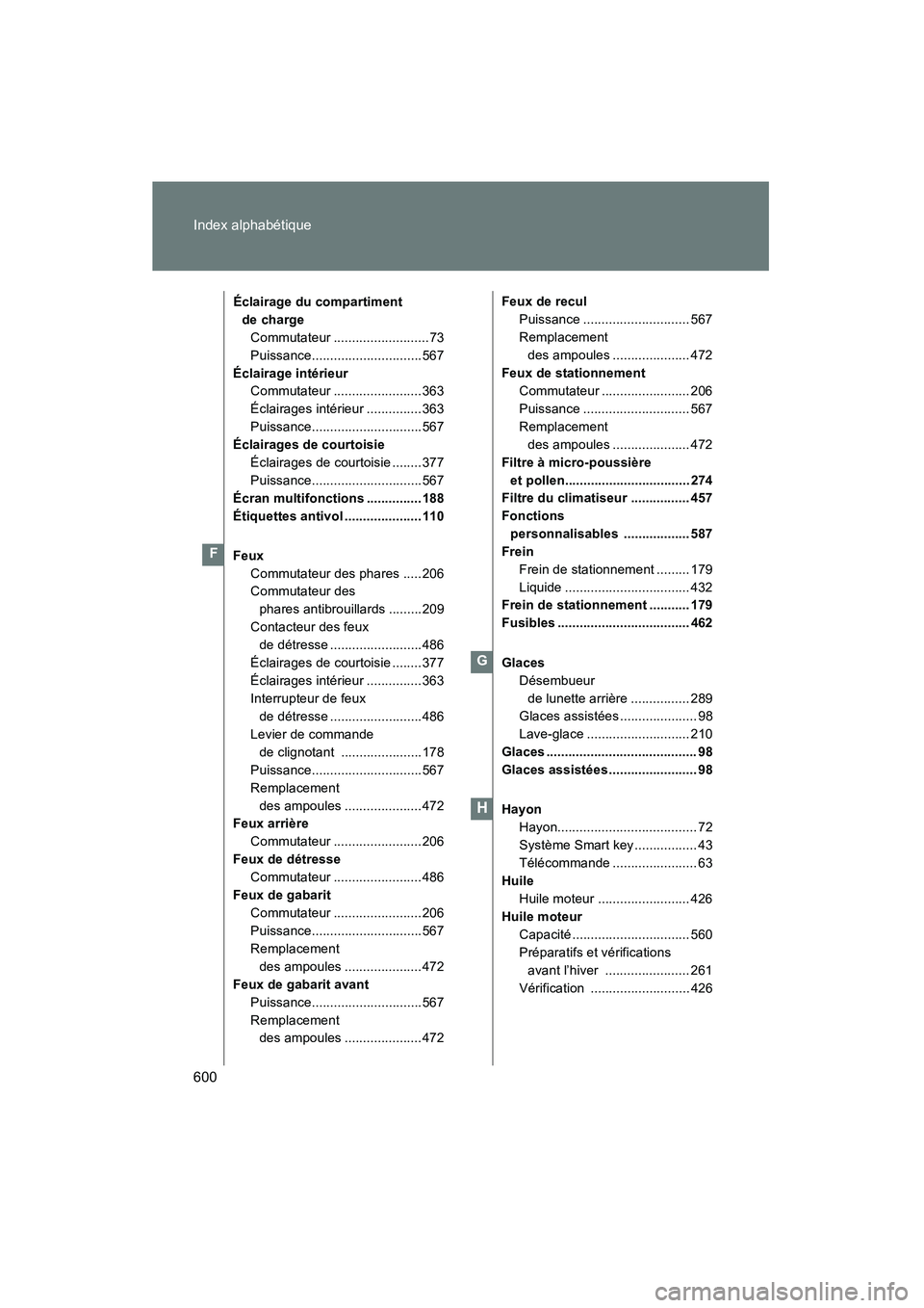 TOYOTA PRIUS 2010  Manuel du propriétaire (in French) 600 Index alphabétique
PRIUS_D (OM47670D)
Éclairage du compartiment de chargeCommutateur .......................... 73
Puissance..............................567
Éclairage intérieur Commutateur ..