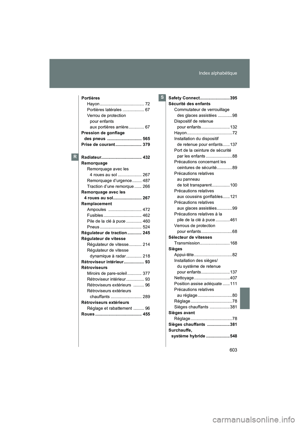 TOYOTA PRIUS 2010  Manuel du propriétaire (in French) 603
Index alphabétique
PRIUS_D (OM47670D)
Portières
Hayon ..................................... 72
Portières latérales .................. 67
Verrou de protection pour enfants 
aux portières arri