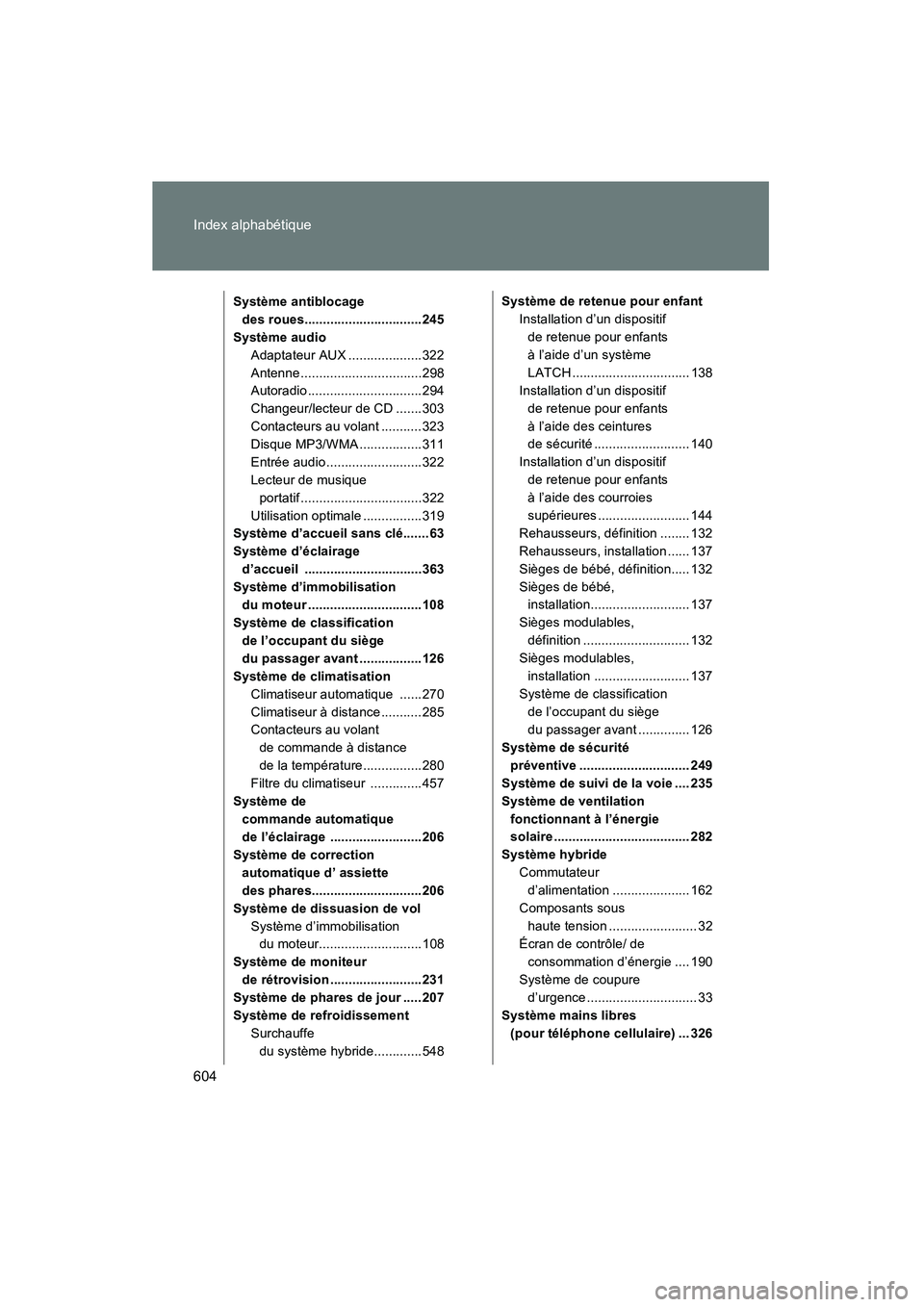 TOYOTA PRIUS 2010  Manuel du propriétaire (in French) 604 Index alphabétique
PRIUS_D (OM47670D)
Système antiblocage des roues................................245
Système audio Adaptateur AUX ....................322
Antenne..............................