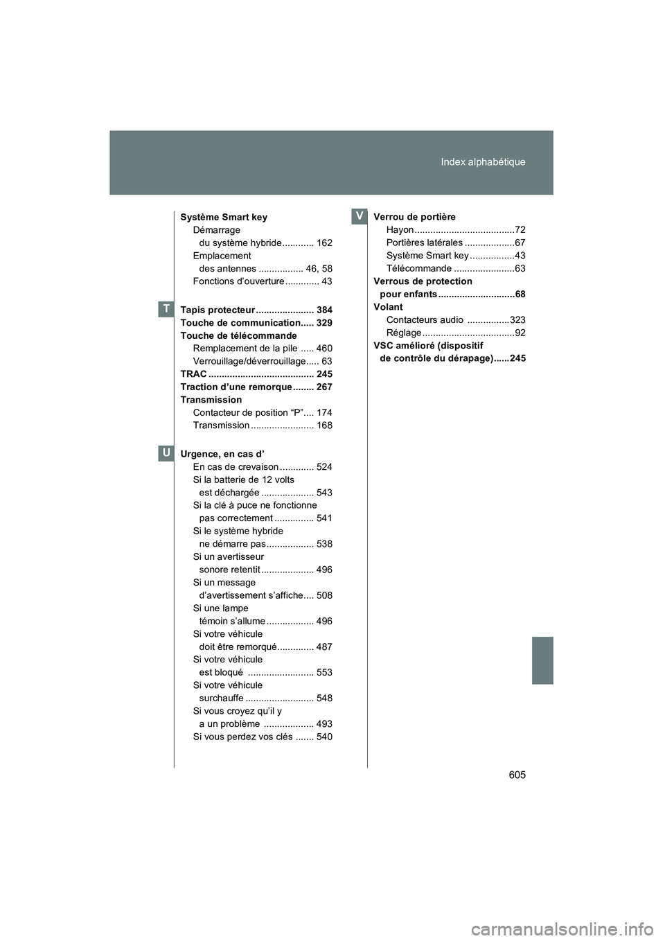 TOYOTA PRIUS 2010  Manuel du propriétaire (in French) 605
Index alphabétique
PRIUS_D (OM47670D)
Système Smart key
Démarrage du système hybride............ 162
Emplacement  des antennes ................. 46, 58
Fonctions d’ouverture ............. 43
