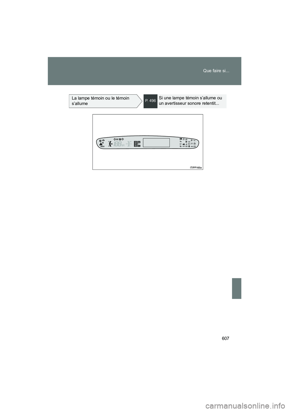 TOYOTA PRIUS 2010  Manuel du propriétaire (in French) 607
Que faire si...
PRIUS_D (OM47670D)
La lampe témoin ou le témoin 
s’allumeP. 496Si une lampe témoin s’allume ou 
un avertisseur sonore retentit... 