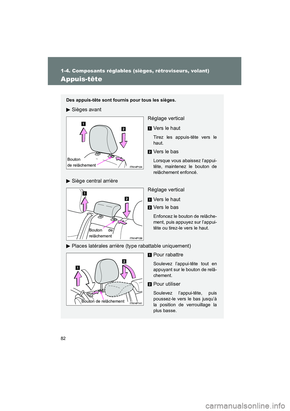TOYOTA PRIUS 2010  Manuel du propriétaire (in French) 82
1-4. Composants réglables (sièges, rétroviseurs, volant)
PRIUS_D (OM47670D)
Appuis-tête
Des appuis-tête sont fournis pour tous les sièges.
Sièges avantRéglage vertical
Vers le haut
Tirez le TOYOTA PRIUS 2010  Manuel du propriétaire (in French) 82
1-4. Composants réglables (sièges, rétroviseurs, volant)
PRIUS_D (OM47670D)
Appuis-tête
Des appuis-tête sont fournis pour tous les sièges.
Sièges avantRéglage vertical
Vers le haut
Tirez le